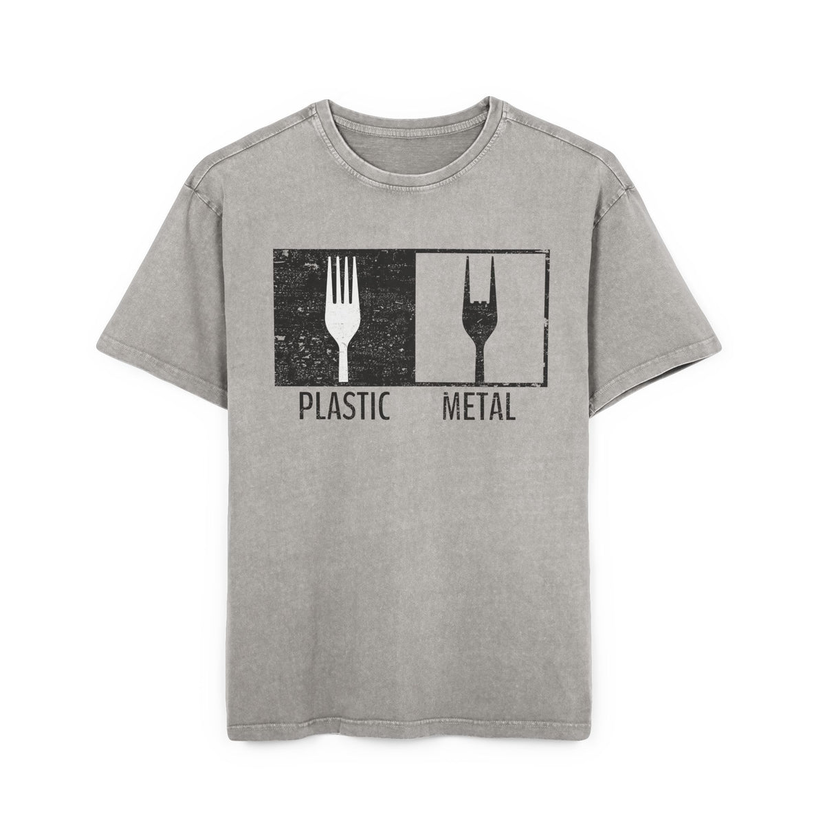 Plastic Metal Rock T-Shirt Heavy Oversized | Lustiges Heavy Metal Gabel Grafik Tee, Rocker Musik Geschenk, Vintage Acid Wash Asphalt