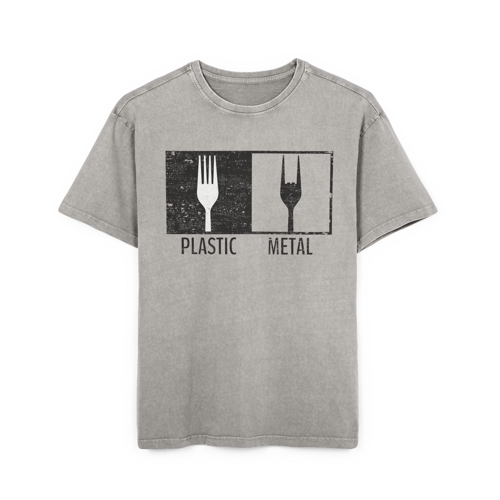Plastic Metal Rock T-Shirt Heavy Oversized | Lustiges Heavy Metal Gabel Grafik Tee, Rocker Musik Geschenk, Vintage Acid Wash Asphalt