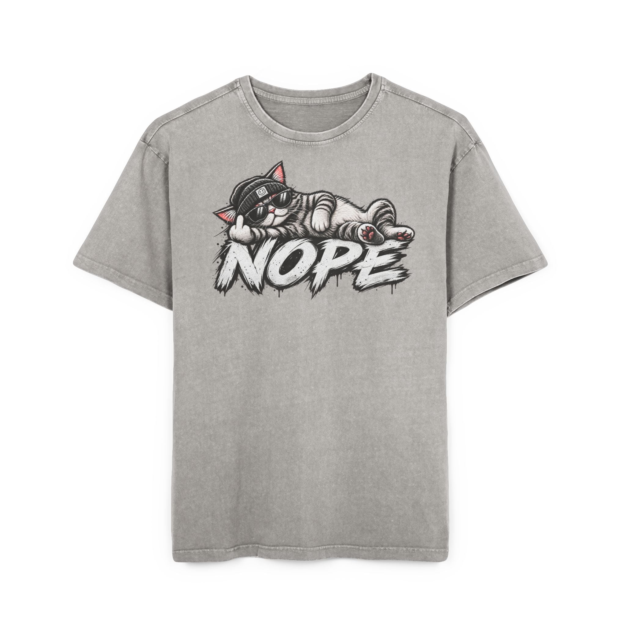 Nope Katze T-Shirt Oversized Vintage Washed, Lustiges Katzen Shirt mit Sonnenbrille, Sarkasmus Spruch Unisex