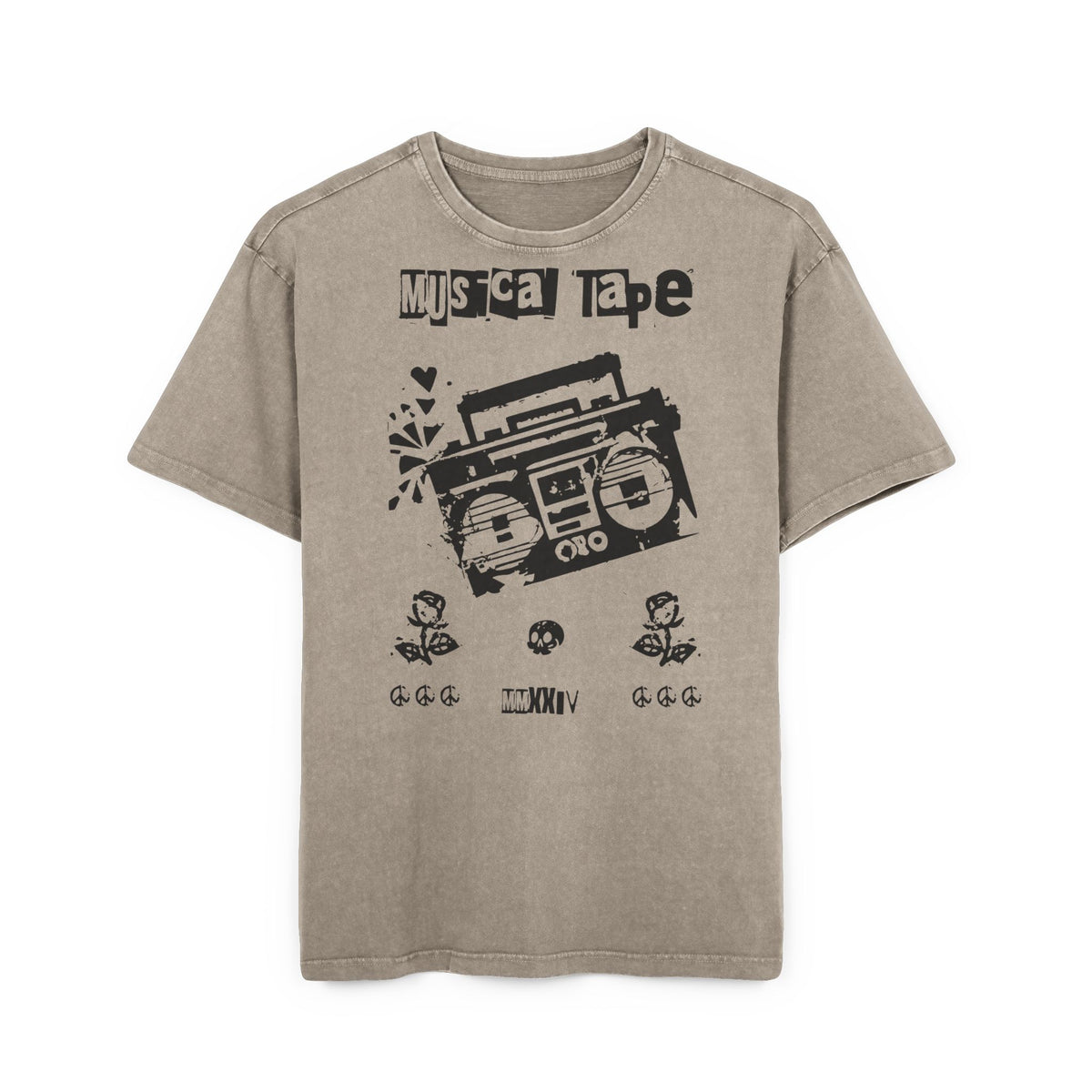 Musical Tape Retro Boombox Heavy Oversized T-Shirt | Y2K Grunge Streetwear Tee, 90s Hip Hop Ghetto Blaster, Vintage Acid Wash Asphalt
