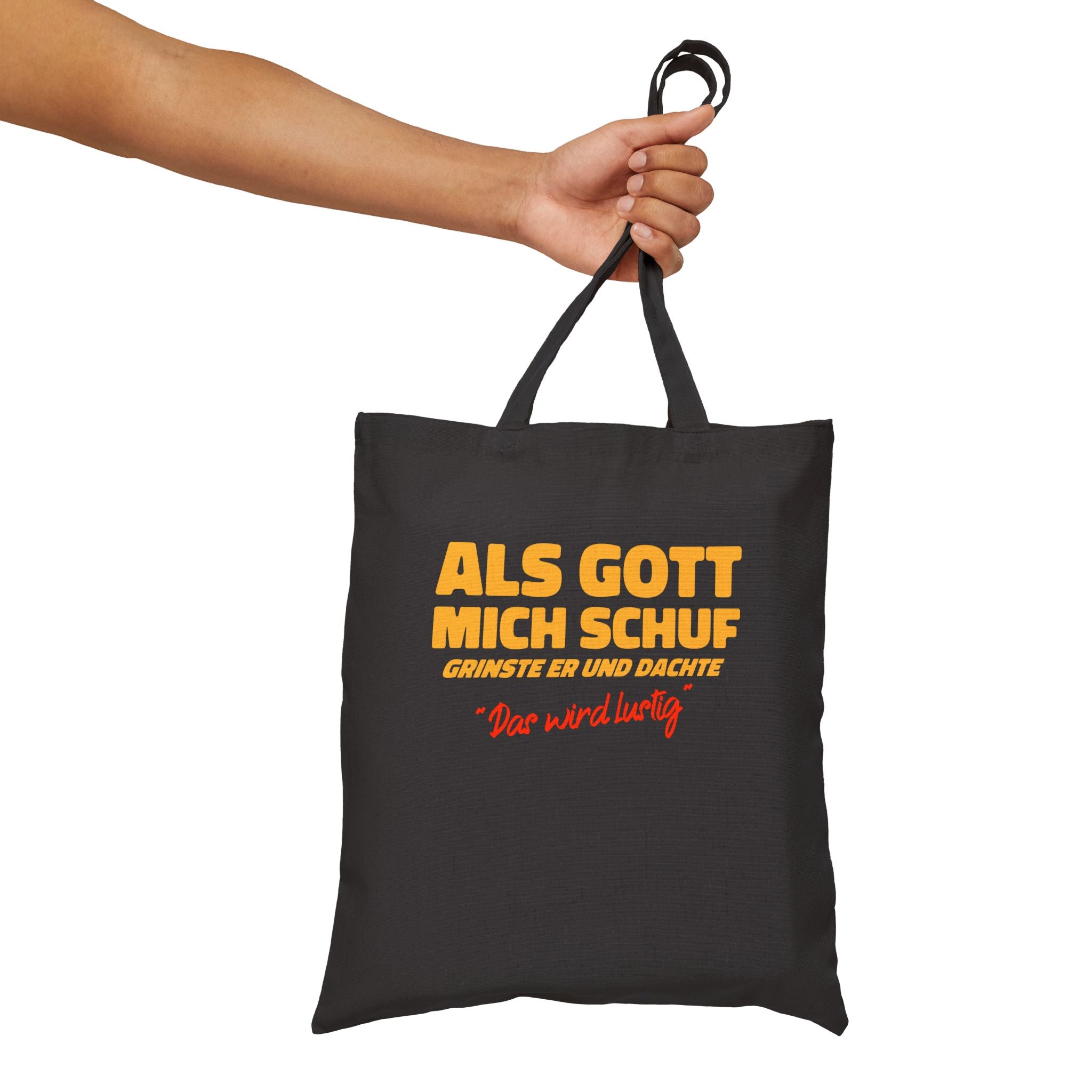 "Als Gott mich schuf..." Lustiger Jutebeutel mit Spruch – Witzige Baumwolltasche & Stoffbeutel – Humorvolle Geschenkidee Schwarz