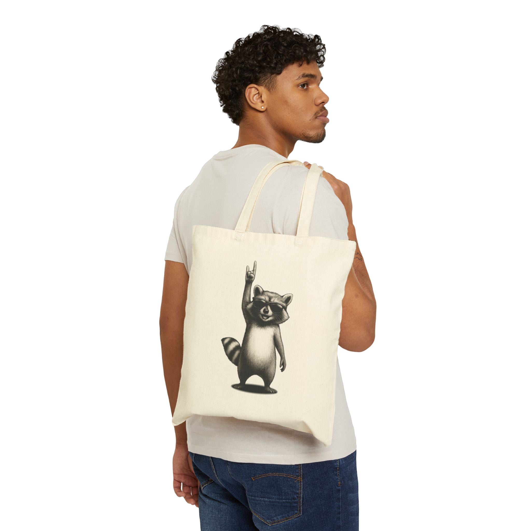 Rock Waschbär Jutebeutel Schwarz – Lustiger Stoffbeutel mit Metal & Rock 'n' Roll Motiv – Baumwolltasche für Festivals, Einkäufe & Alltag