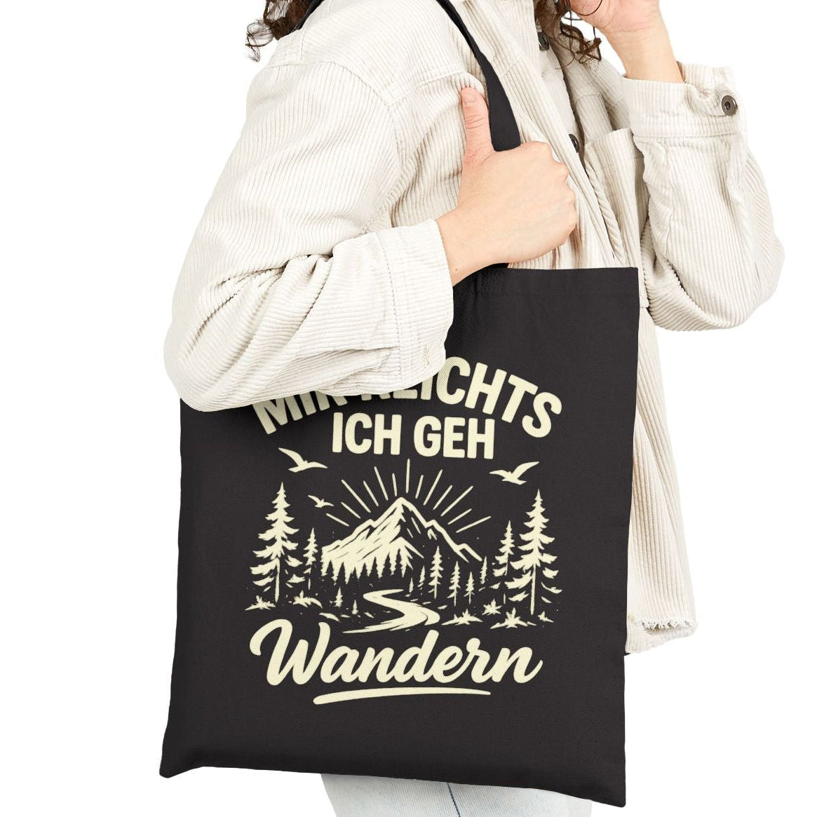 "Mir reichts ich geh wandern" Lustiger Jutebeutel mit Berge-Motiv – Witzige Baumwolltasche für Outdoor & Hiking – Stoffbeutel Schwarz