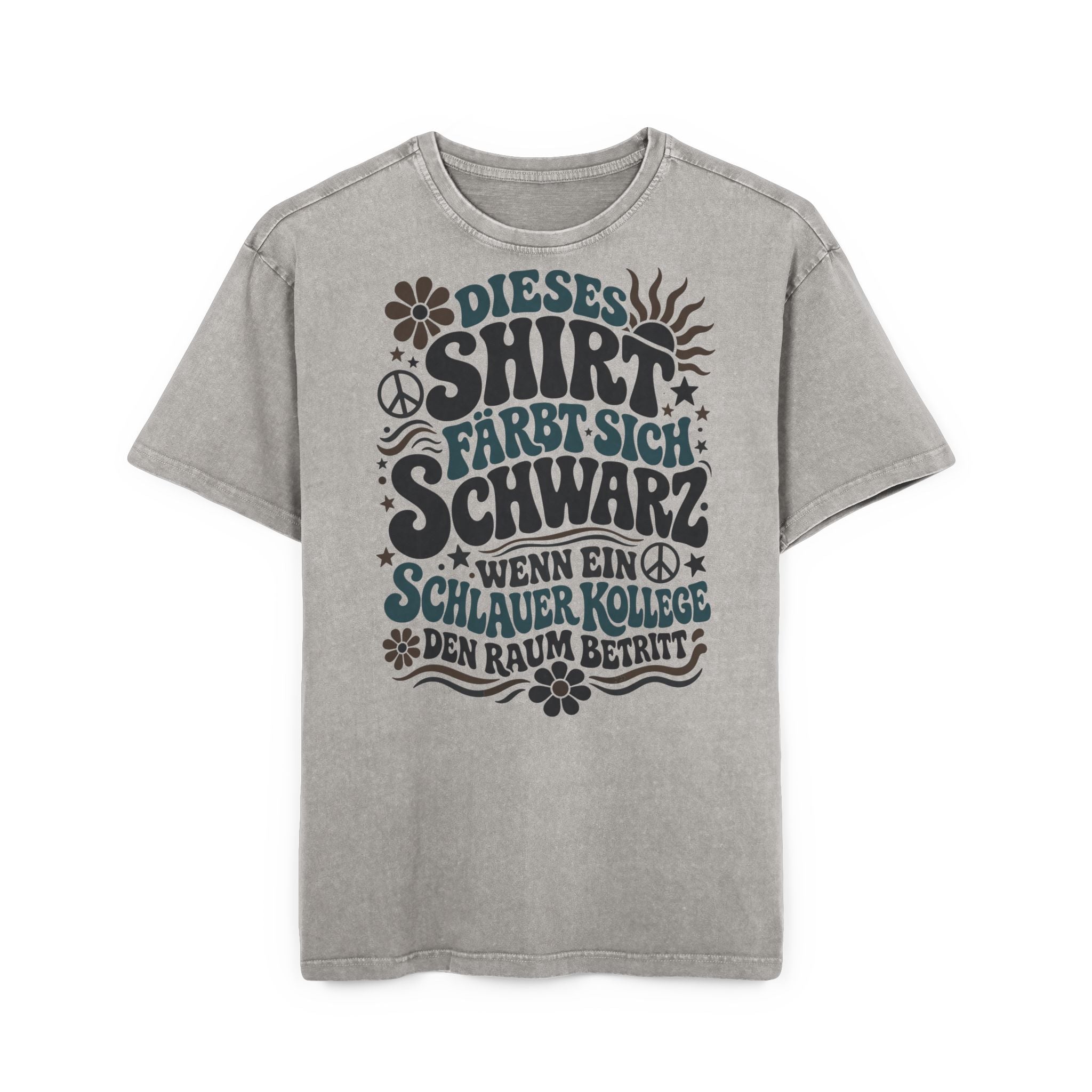 "Dieses Shirt färbt sich schwarz..." Oversized Damen T-Shirt – Retro 70s Büro Funshirt mit Spruch für Kolleginnen & Job – Washed Grau / Stone