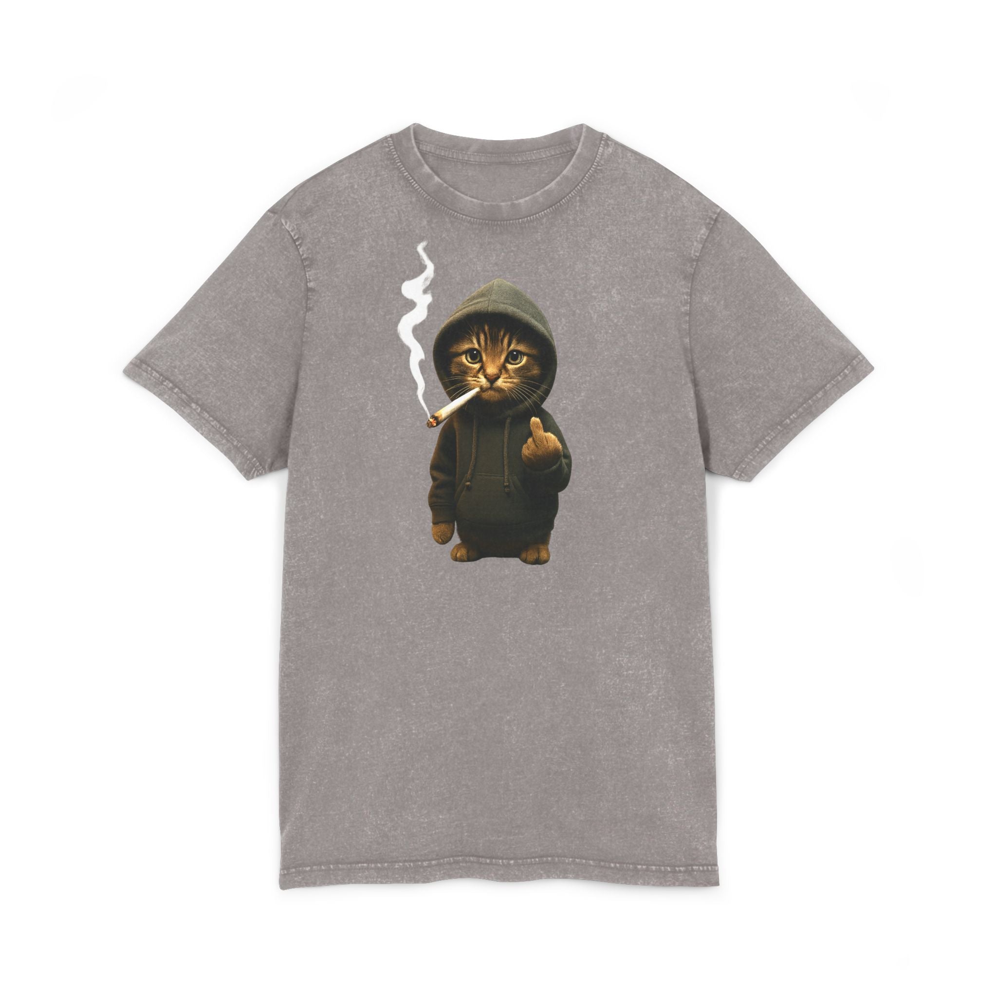 "Bad Cat" Lustiges Vintage T-Shirt mit Katze im Hoodie & Mittelfinger – Witziges Shirt in Acid Wash Grau – Edgy Streetwear Funshirt
