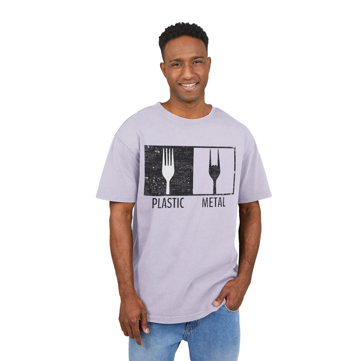 Plastic Metal Rock T-Shirt Heavy Oversized | Lustiges Heavy Metal Gabel Grafik Tee, Rocker Musik Geschenk, Vintage Acid Wash Asphalt
