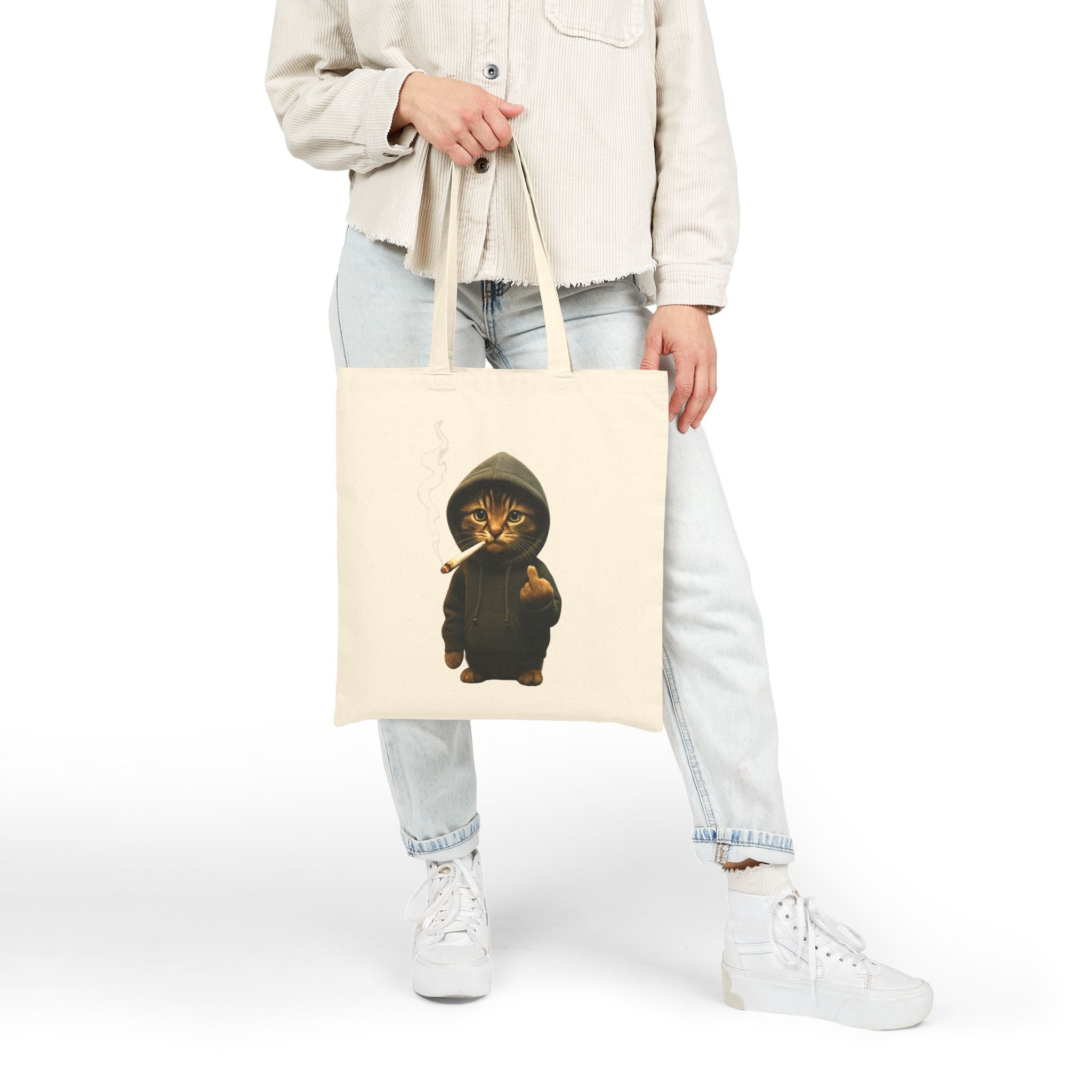 "Bad Cat" Lustiger Jutebeutel mit Katze im Hoodie & Mittelfinger – Witzige Baumwolltasche – Edgy Streetwear Stoffbeutel Schwarz