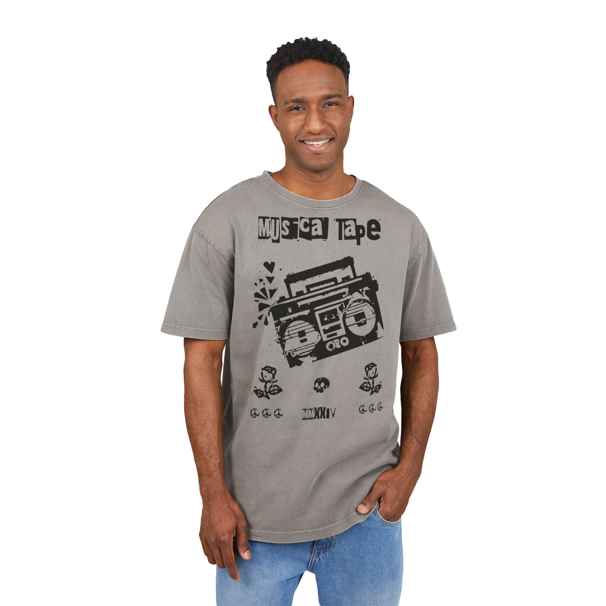 Musical Tape Retro Boombox Heavy Oversized T-Shirt | Y2K Grunge Streetwear Tee, 90s Hip Hop Ghetto Blaster, Vintage Acid Wash Asphalt