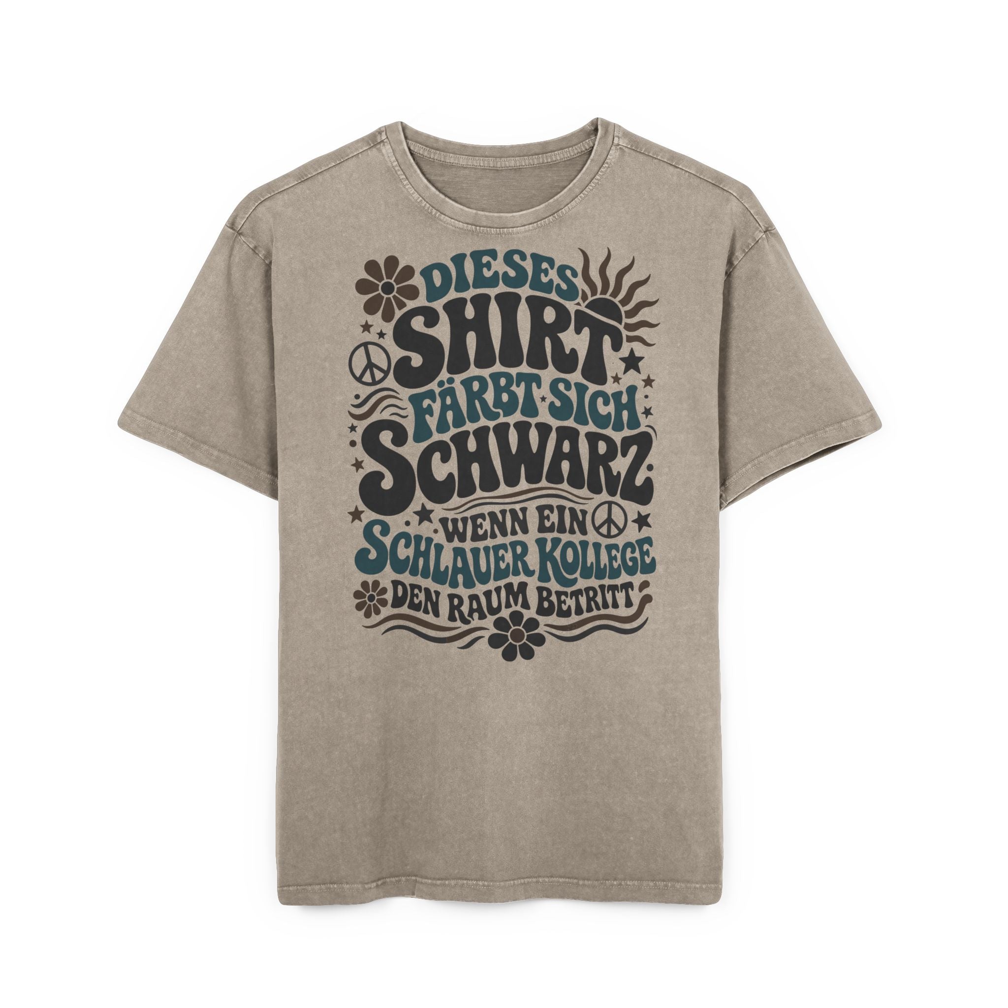 "Dieses Shirt färbt sich schwarz..." Oversized Damen T-Shirt – Retro 70s Büro Funshirt mit Spruch für Kolleginnen & Job – Washed Grau / Stone
