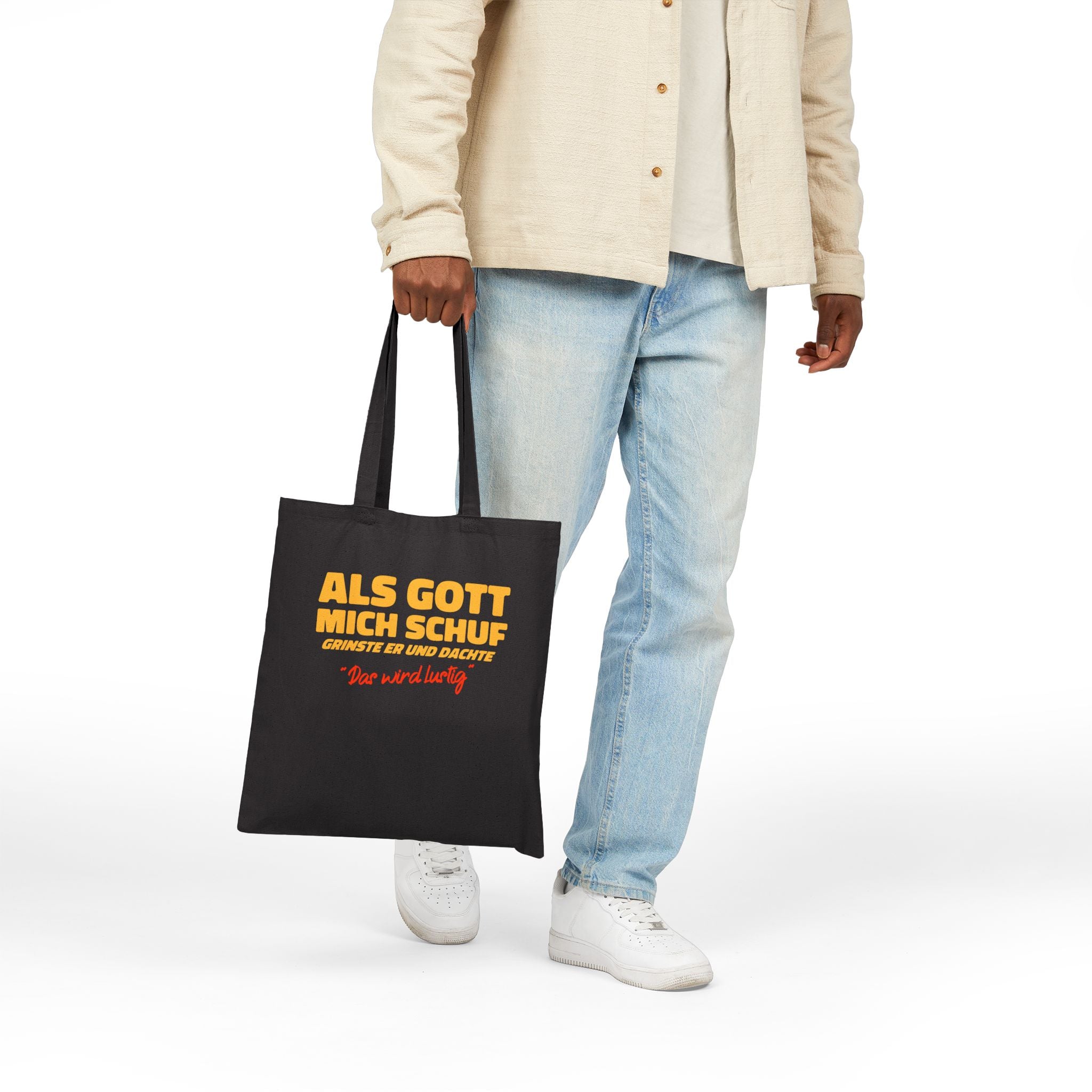 "Als Gott mich schuf..." Lustiger Jutebeutel mit Spruch – Witzige Baumwolltasche & Stoffbeutel – Humorvolle Geschenkidee Schwarz
