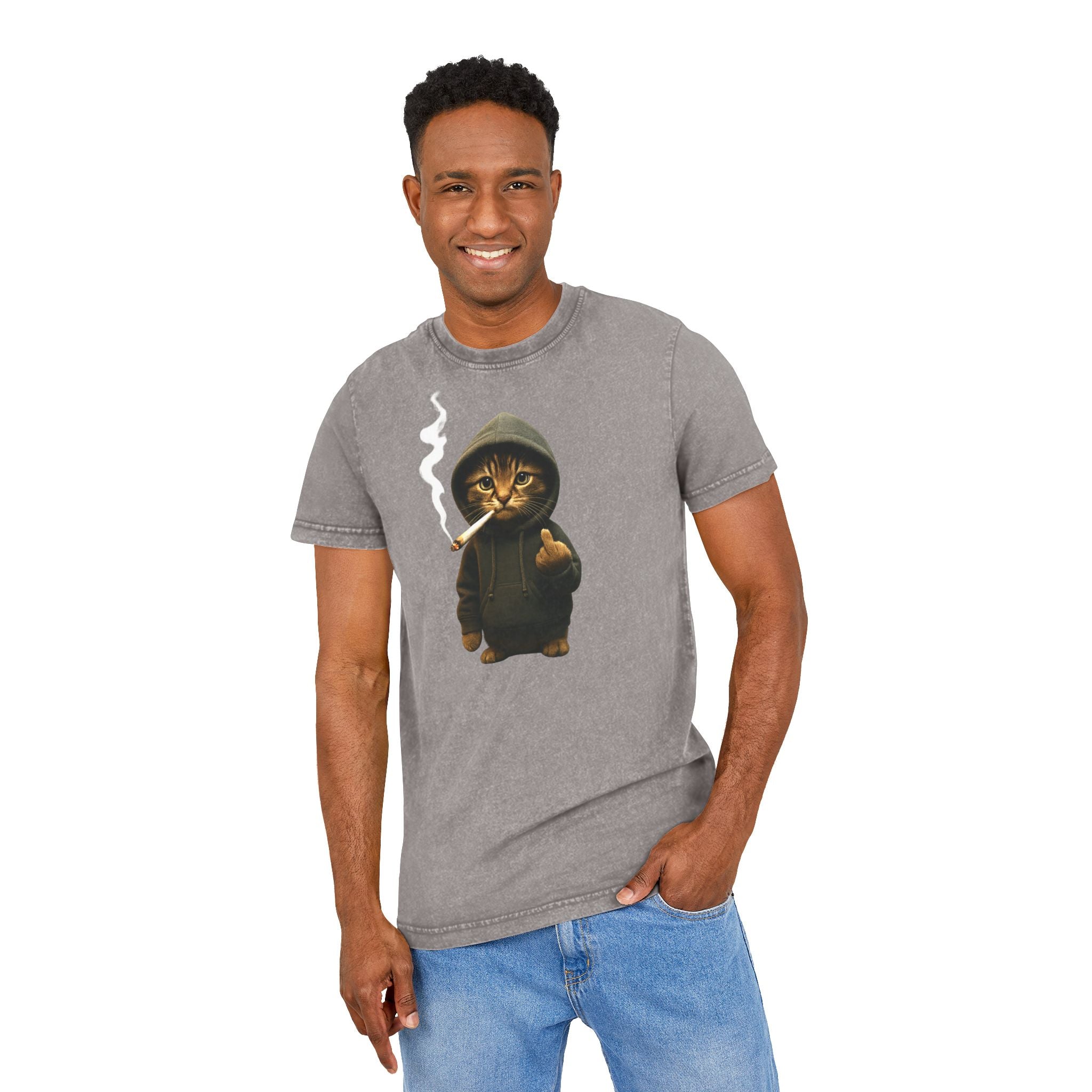 "Bad Cat" Lustiges Vintage T-Shirt mit Katze im Hoodie & Mittelfinger – Witziges Shirt in Acid Wash Grau – Edgy Streetwear Funshirt
