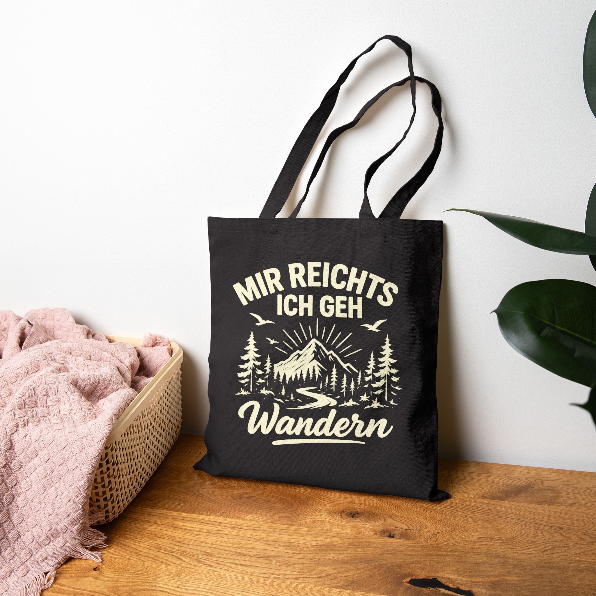 "Mir reichts ich geh wandern" Lustiger Jutebeutel mit Berge-Motiv – Witzige Baumwolltasche für Outdoor & Hiking – Stoffbeutel Schwarz