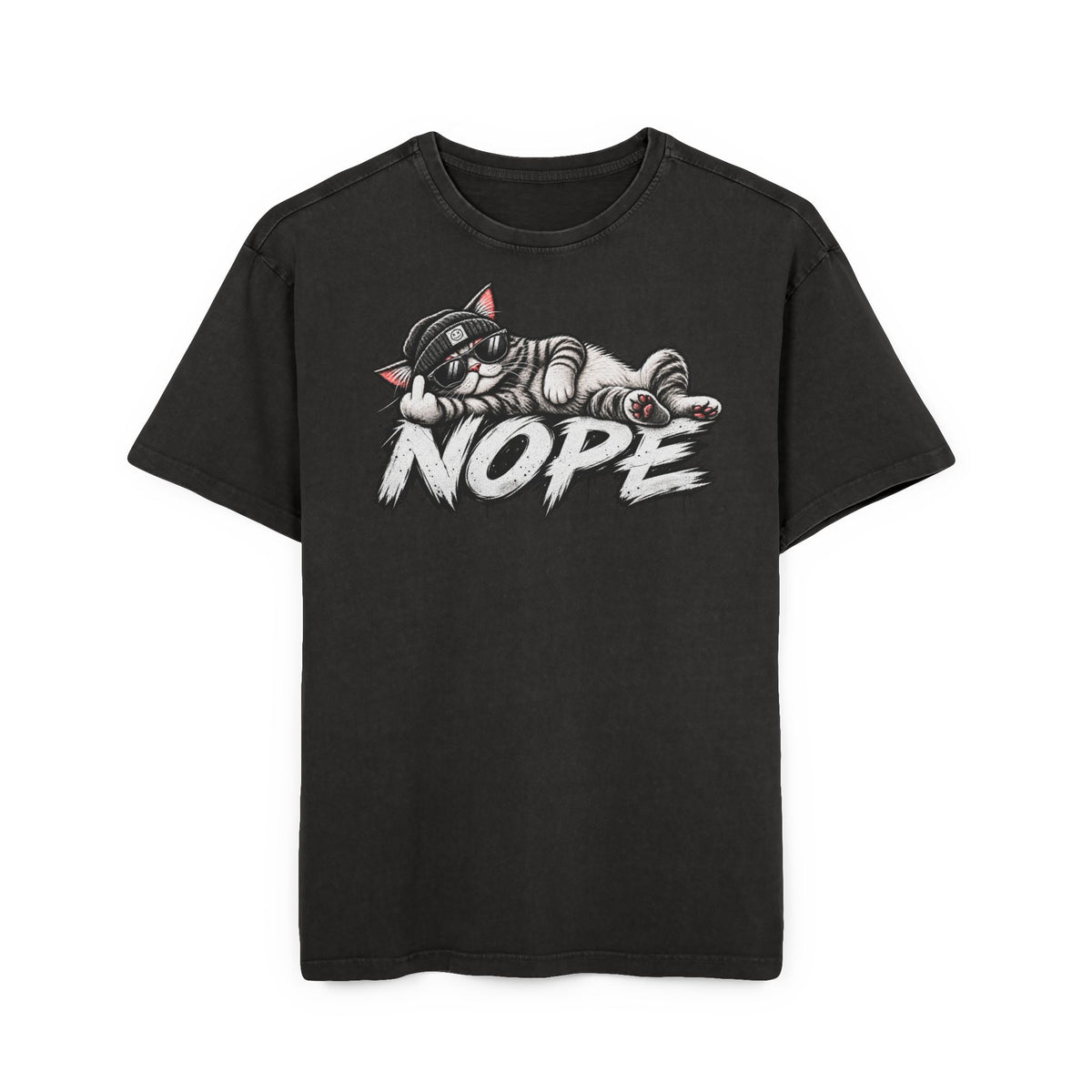 Nope Katze T-Shirt Oversized Vintage Washed, Lustiges Katzen Shirt mit Sonnenbrille, Sarkasmus Spruch Unisex