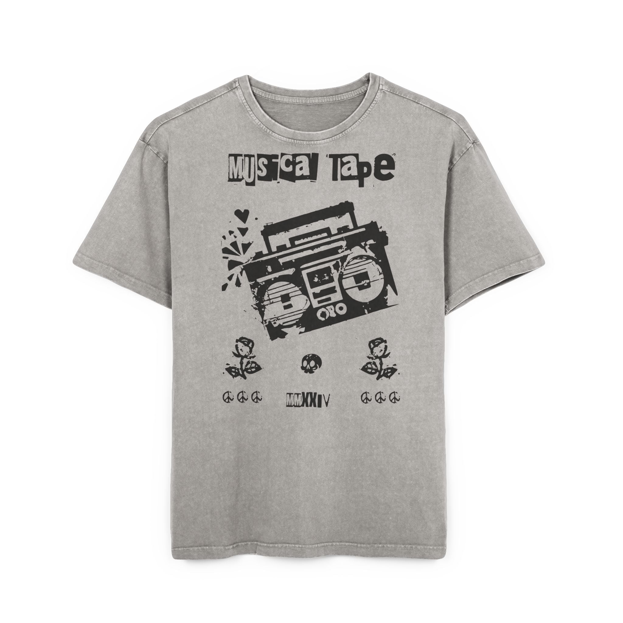 Musical Tape Retro Boombox Heavy Oversized T-Shirt | Y2K Grunge Streetwear Tee, 90s Hip Hop Ghetto Blaster, Vintage Acid Wash Asphalt