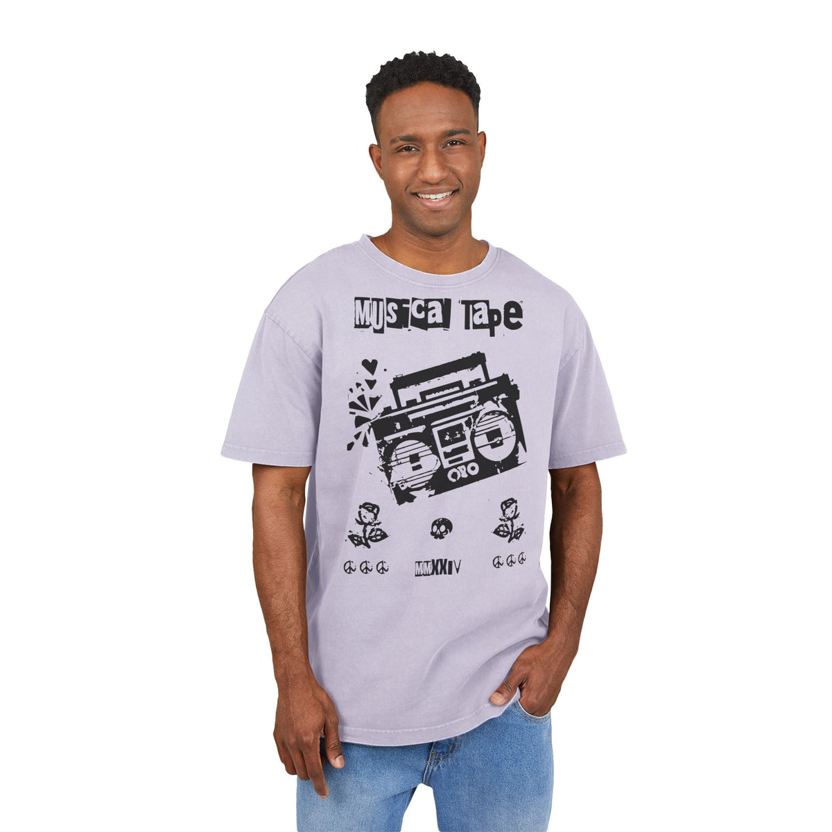 Musical Tape Retro Boombox Heavy Oversized T-Shirt | Y2K Grunge Streetwear Tee, 90s Hip Hop Ghetto Blaster, Vintage Acid Wash Asphalt