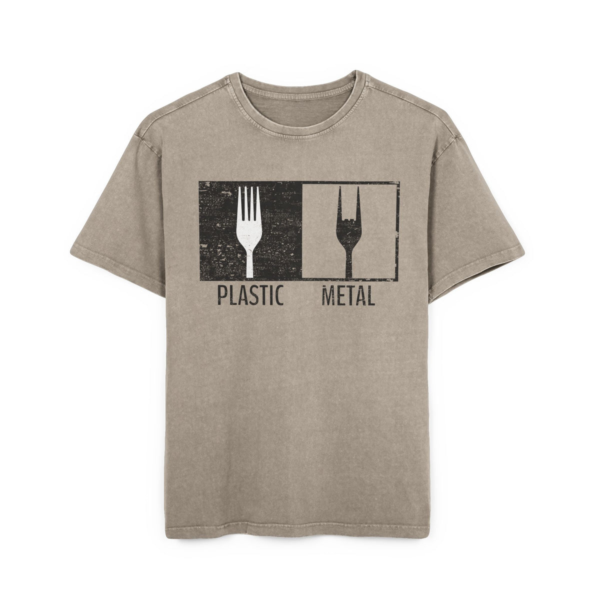 Plastic Metal Rock T-Shirt Heavy Oversized | Lustiges Heavy Metal Gabel Grafik Tee, Rocker Musik Geschenk, Vintage Acid Wash Asphalt