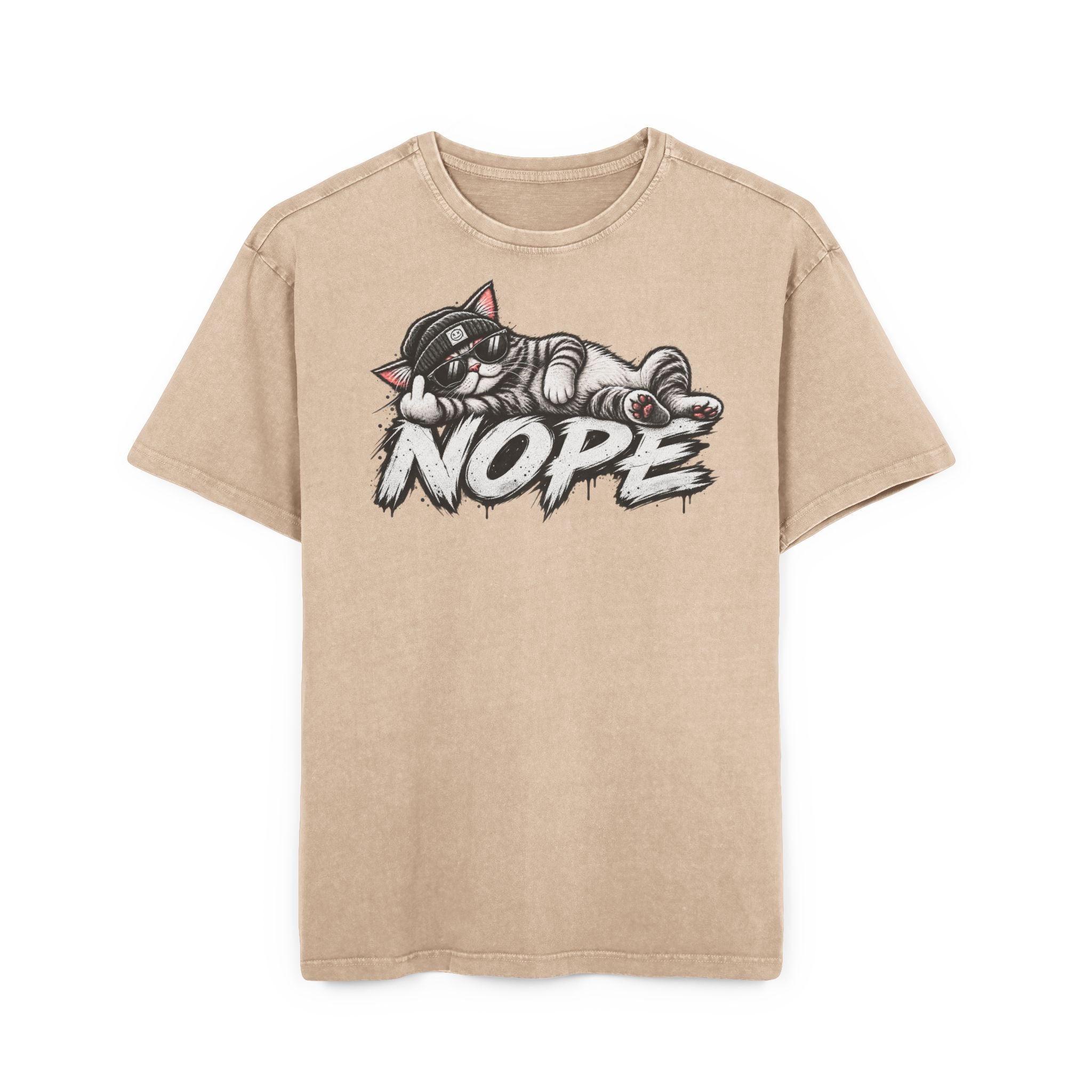 Nope Katze T-Shirt Oversized Vintage Washed, Lustiges Katzen Shirt mit Sonnenbrille, Sarkasmus Spruch Unisex