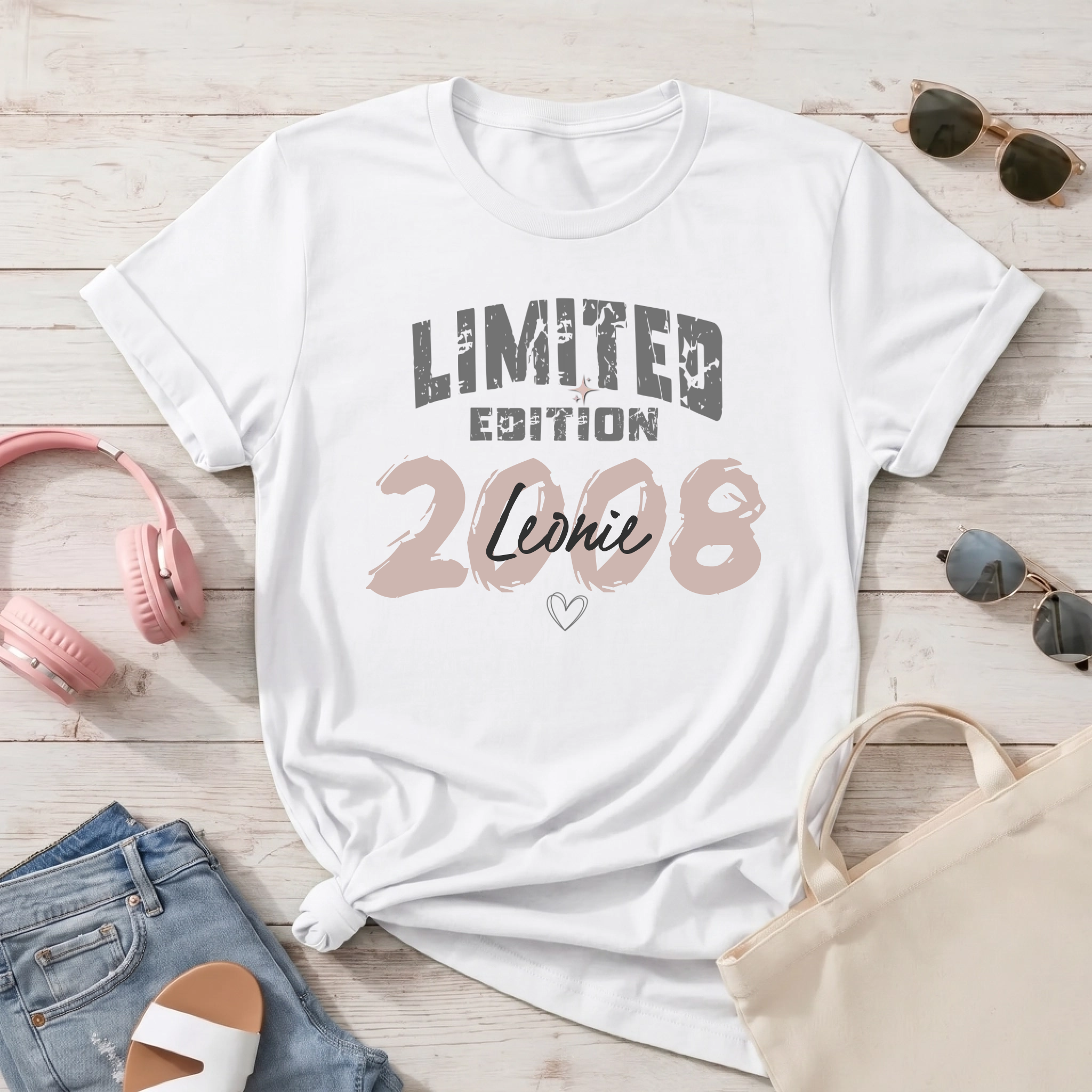 "Limited Edition 2008" Personalisiertes Damen T-Shirt zum 18. Geburtstag mit Name – Aesthetic Vintage Geburtstags-Shirt Frauen