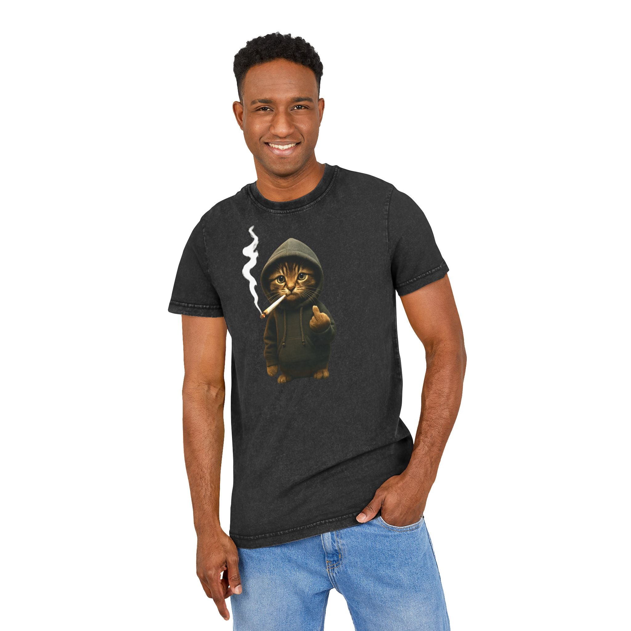 "Bad Cat" Lustiges Vintage T-Shirt mit Katze im Hoodie & Mittelfinger – Witziges Shirt in Acid Wash Grau – Edgy Streetwear Funshirt