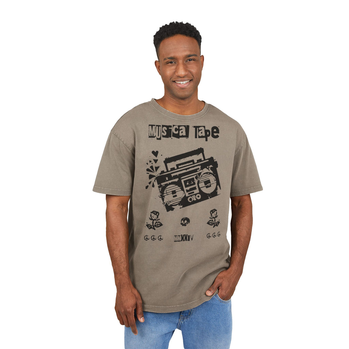 Musical Tape Retro Boombox Heavy Oversized T-Shirt | Y2K Grunge Streetwear Tee, 90s Hip Hop Ghetto Blaster, Vintage Acid Wash Asphalt