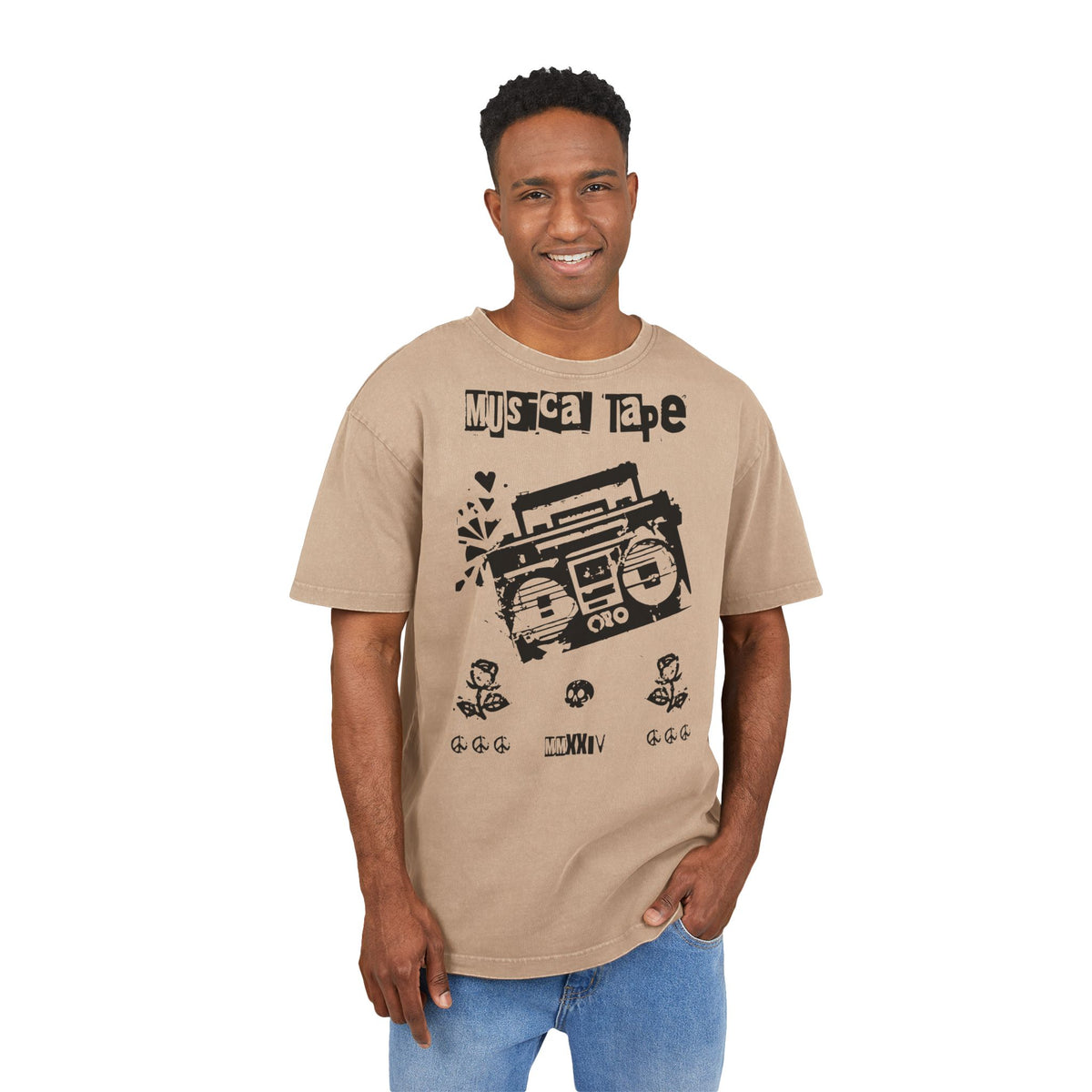 Musical Tape Retro Boombox Heavy Oversized T-Shirt | Y2K Grunge Streetwear Tee, 90s Hip Hop Ghetto Blaster, Vintage Acid Wash Asphalt