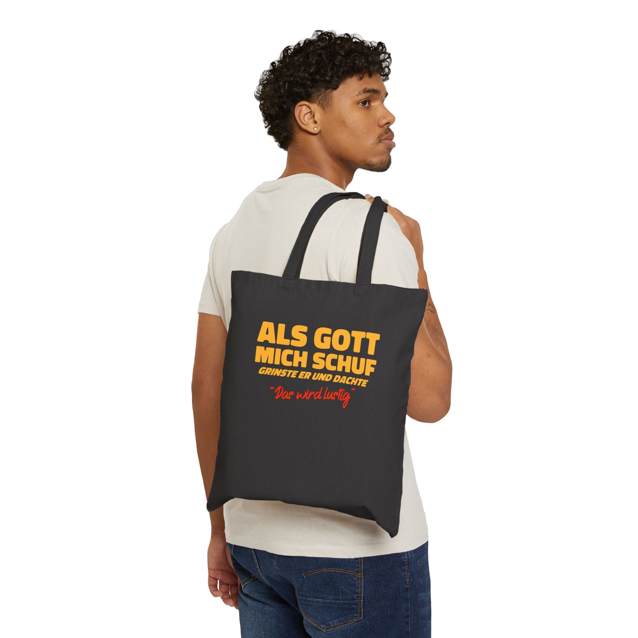 "Als Gott mich schuf..." Lustiger Jutebeutel mit Spruch – Witzige Baumwolltasche & Stoffbeutel – Humorvolle Geschenkidee Schwarz