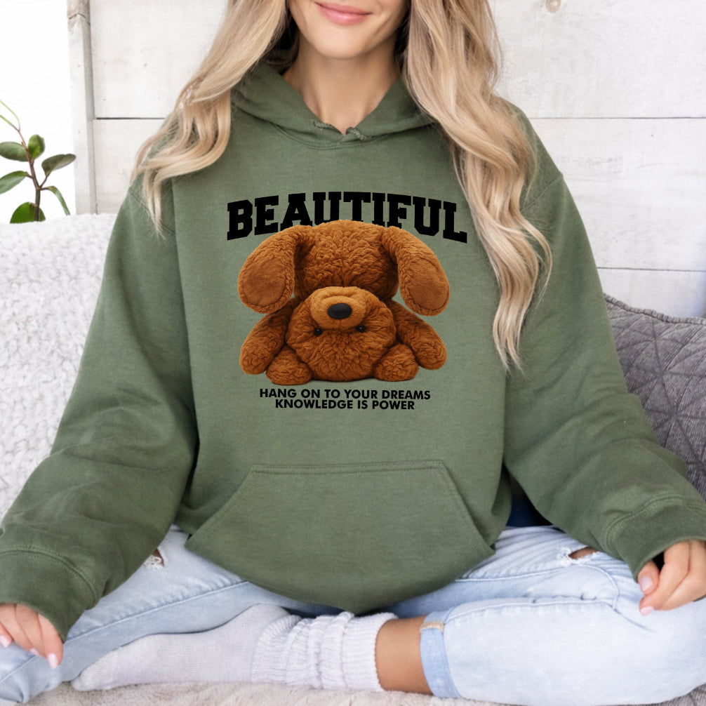 Sudadera con capucha para mujer "Beautiful Teddy" - Estampado de osito de peluche y eslogan "Beautiful"