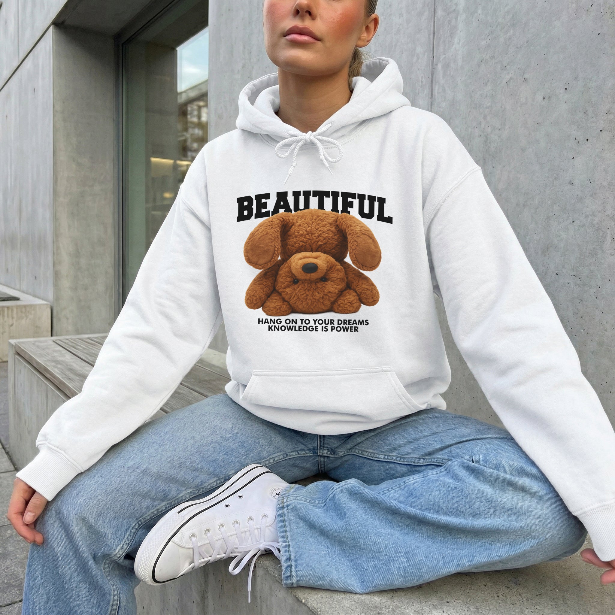 Sudadera con capucha para mujer "Beautiful Teddy" - Estampado de osito de peluche y eslogan "Beautiful"