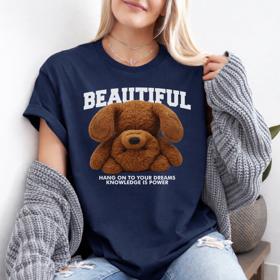 Damen T-Shirt "Beautiful Teddy" – mit Motiv-Print & Inspirierendem Spruch