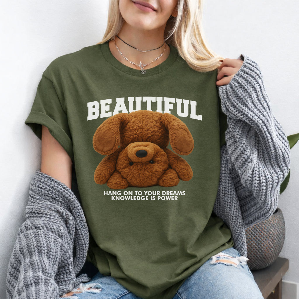 Damen T-Shirt "Beautiful Teddy" – mit Motiv-Print & Inspirierendem Spruch