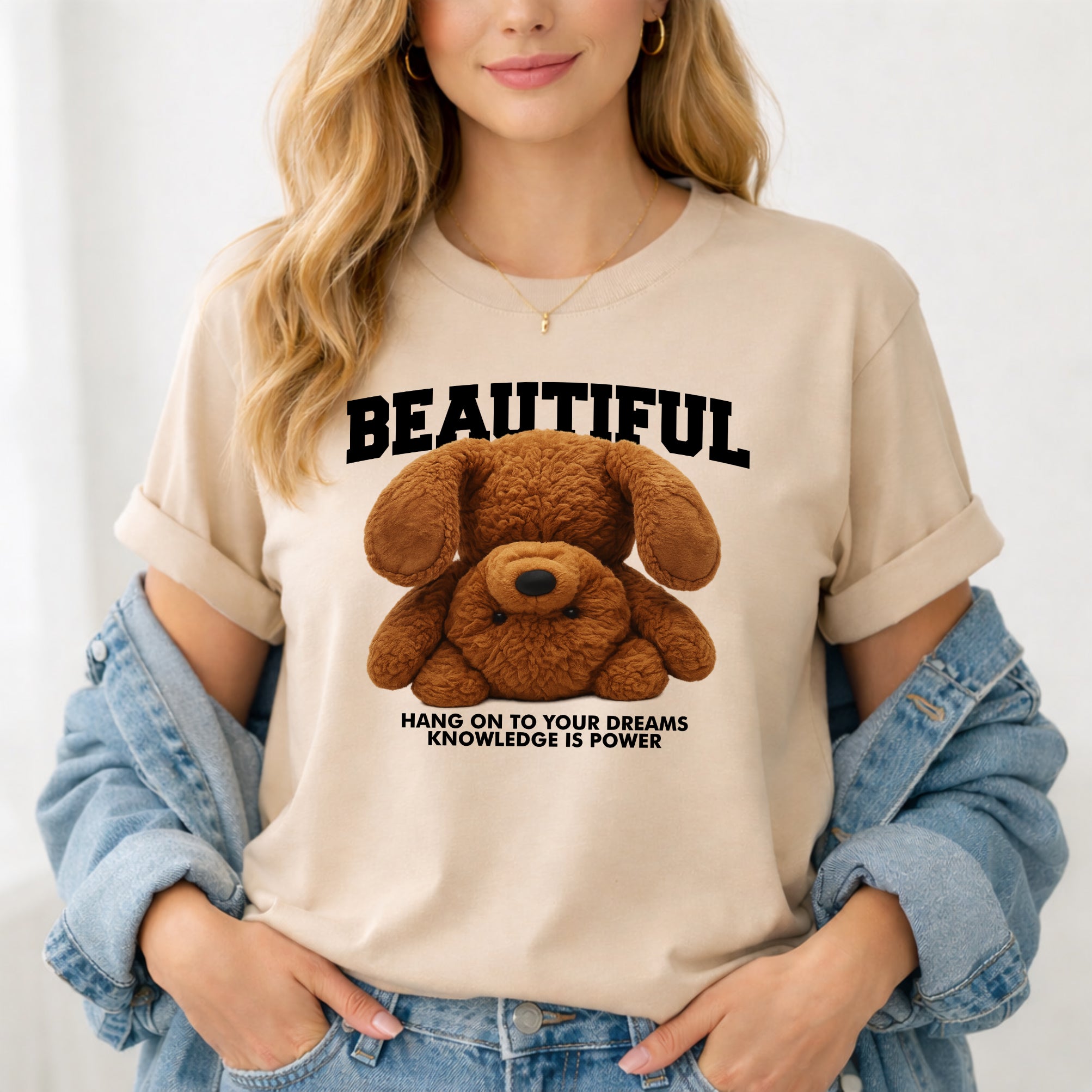 Damen T-Shirt "Beautiful Teddy" – mit Motiv-Print & Inspirierendem Spruch
