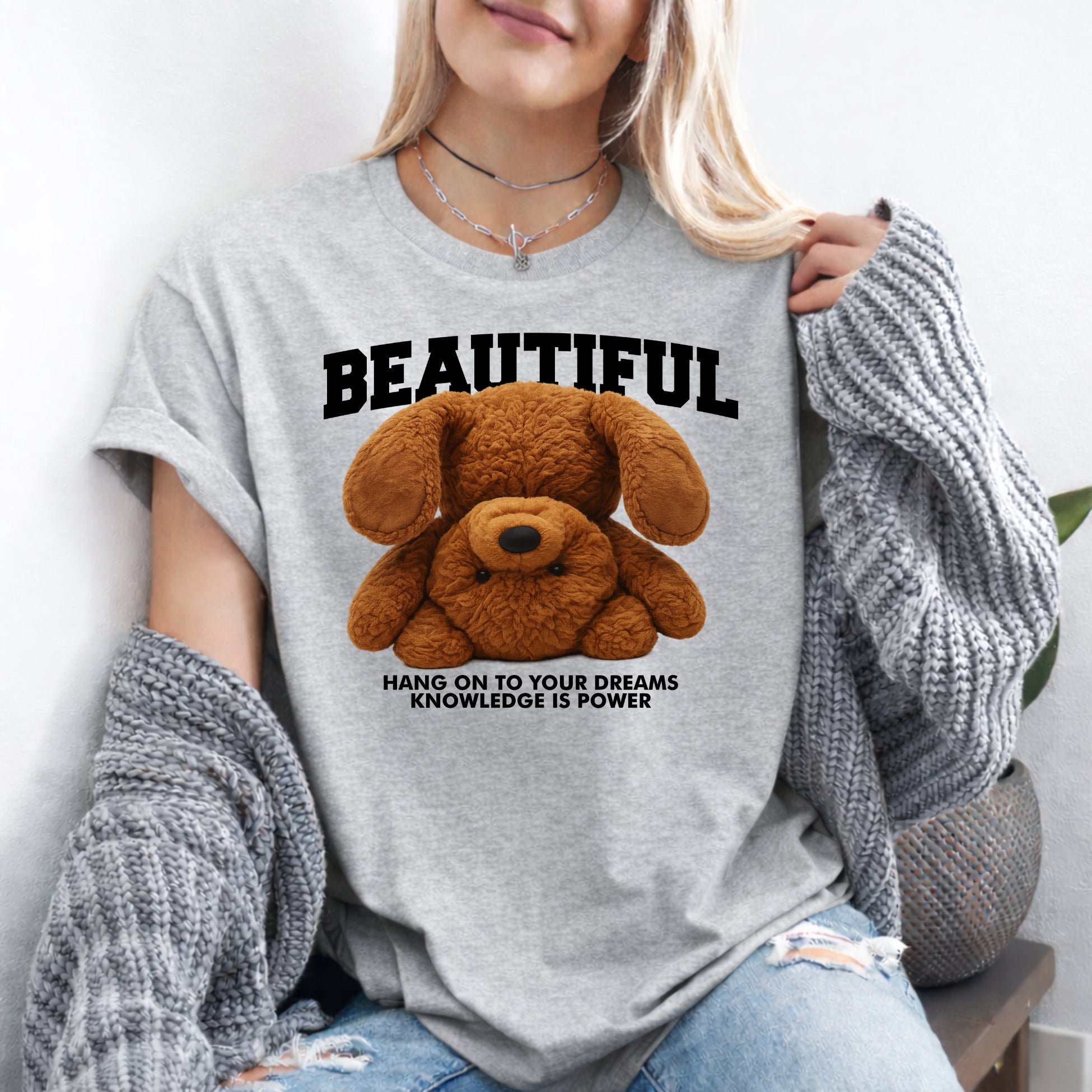 Damen T-Shirt "Beautiful Teddy" – mit Motiv-Print & Inspirierendem Spruch