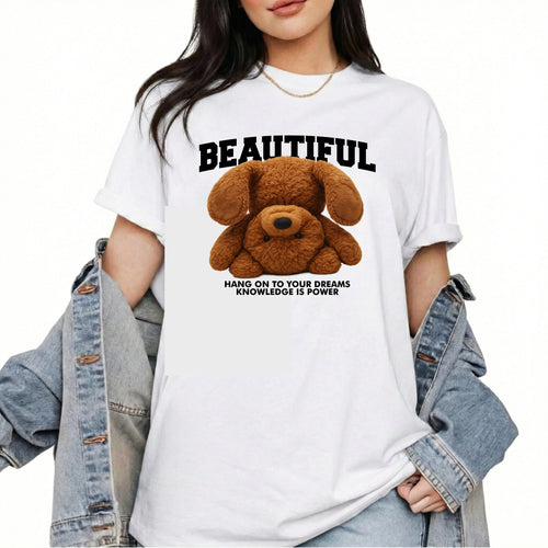 Camiseta de mujer "Beautiful Teddy" – con estampado de motivo y frase inspiradora