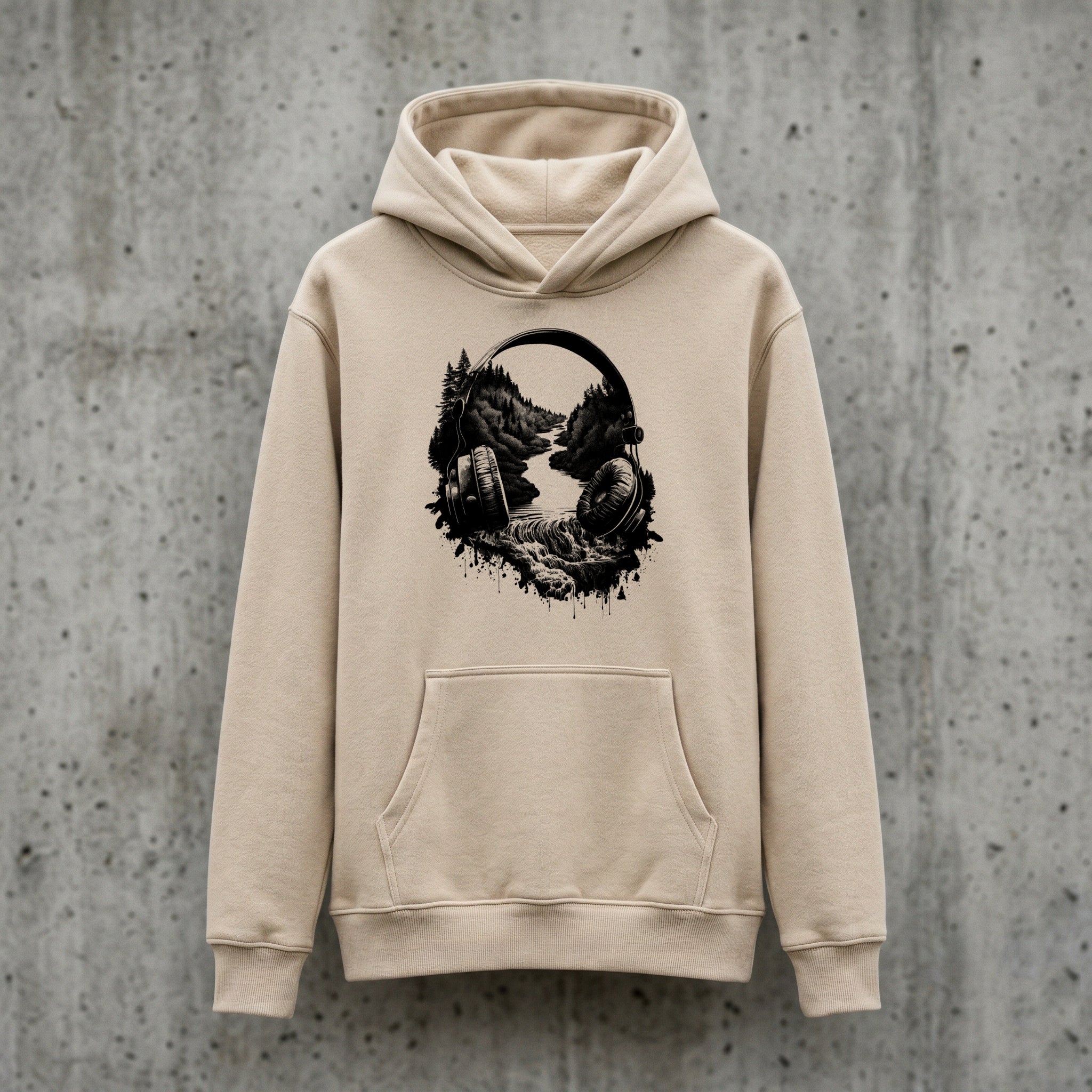 "Sound of Nature" – Artistischer Grafik-Hoodie mit Kopfhörer-Landschafts-Print