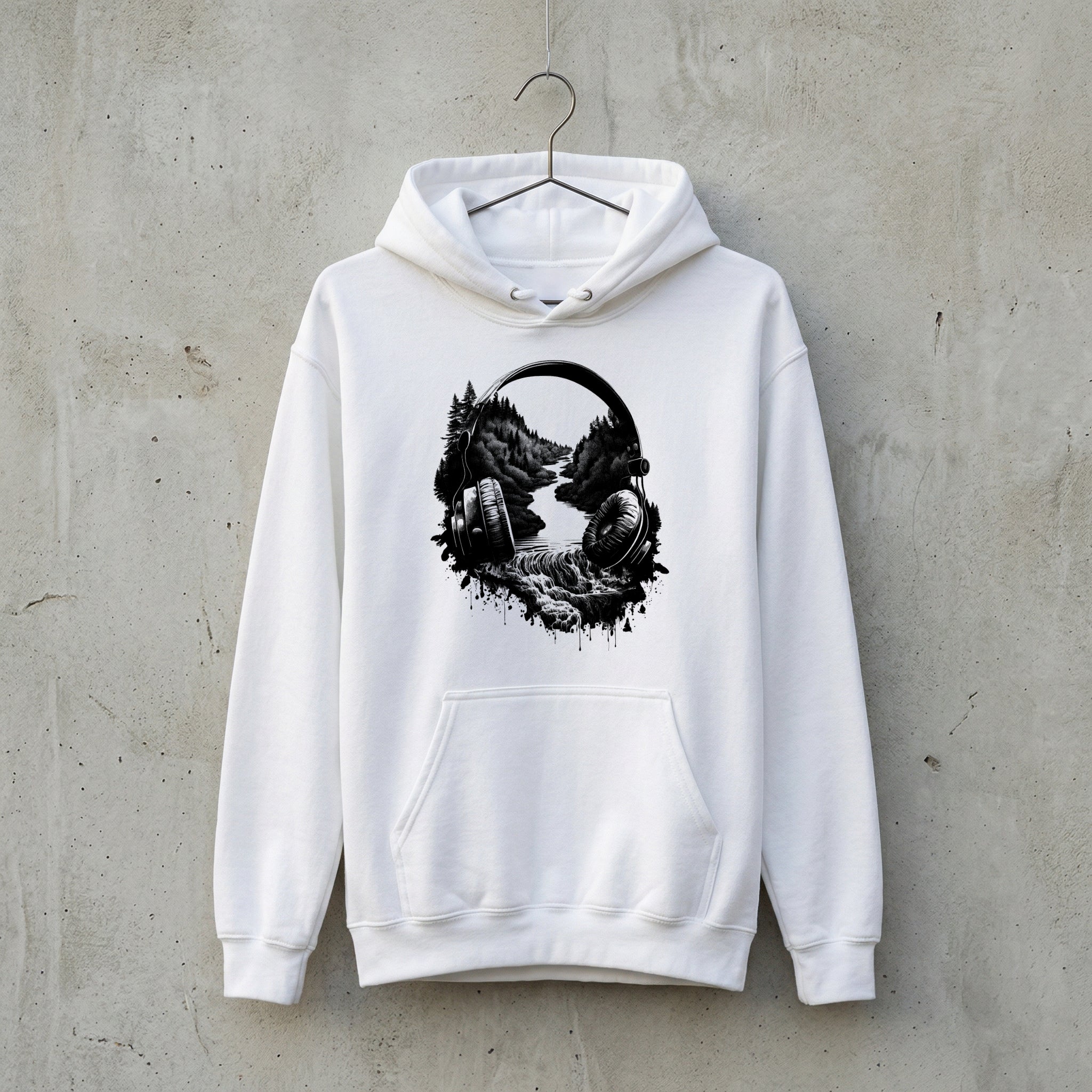 "Sound of Nature" – Artistischer Grafik-Hoodie mit Kopfhörer-Landschafts-Print