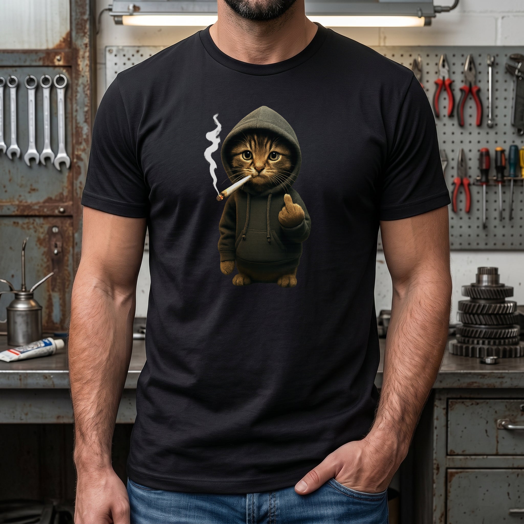 Lustiges „Bad Cat“ T-Shirt – Rauchende Katze mit Mittelfinger – Cooles Streetwear Design & Schwere Baumwolle