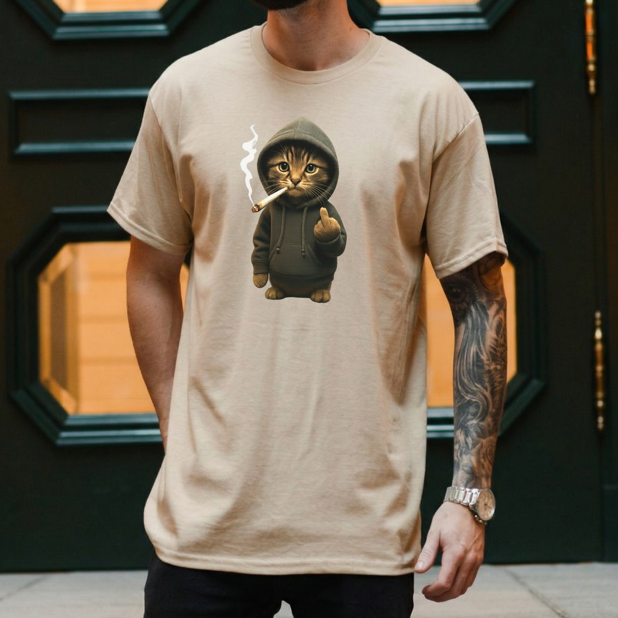 Lustiges „Bad Cat“ T-Shirt – Rauchende Katze mit Mittelfinger – Cooles Streetwear Design & Schwere Baumwolle