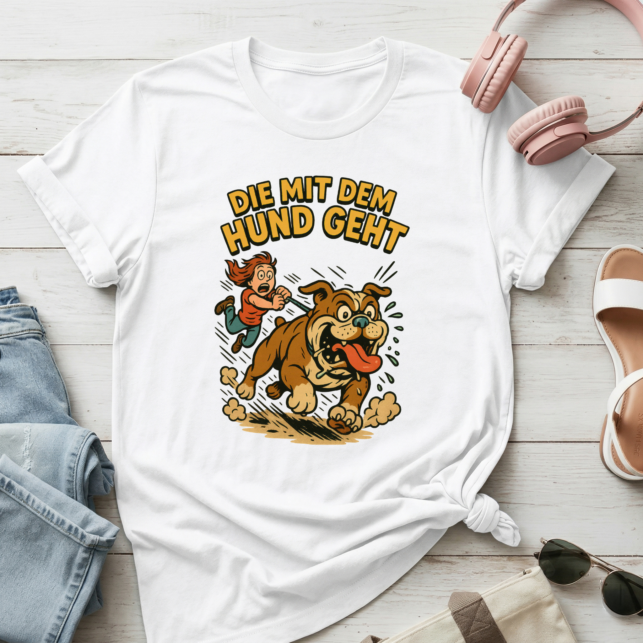 "Die mit dem Hund geht" Lustiges Hunde-T-Shirt – Witziges Comic-Design für Gassi-Runden & Hundebesitzerinnen