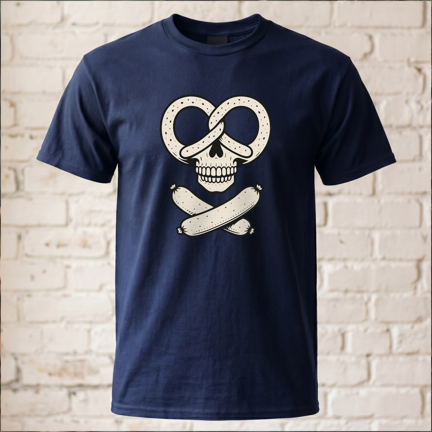 "Brezel Totenkopf & Wurst" Lustiges Bavarian Rocker T-Shirt – Cooles Oktoberfest & Biergarten Shirt – Trachten-Alternative