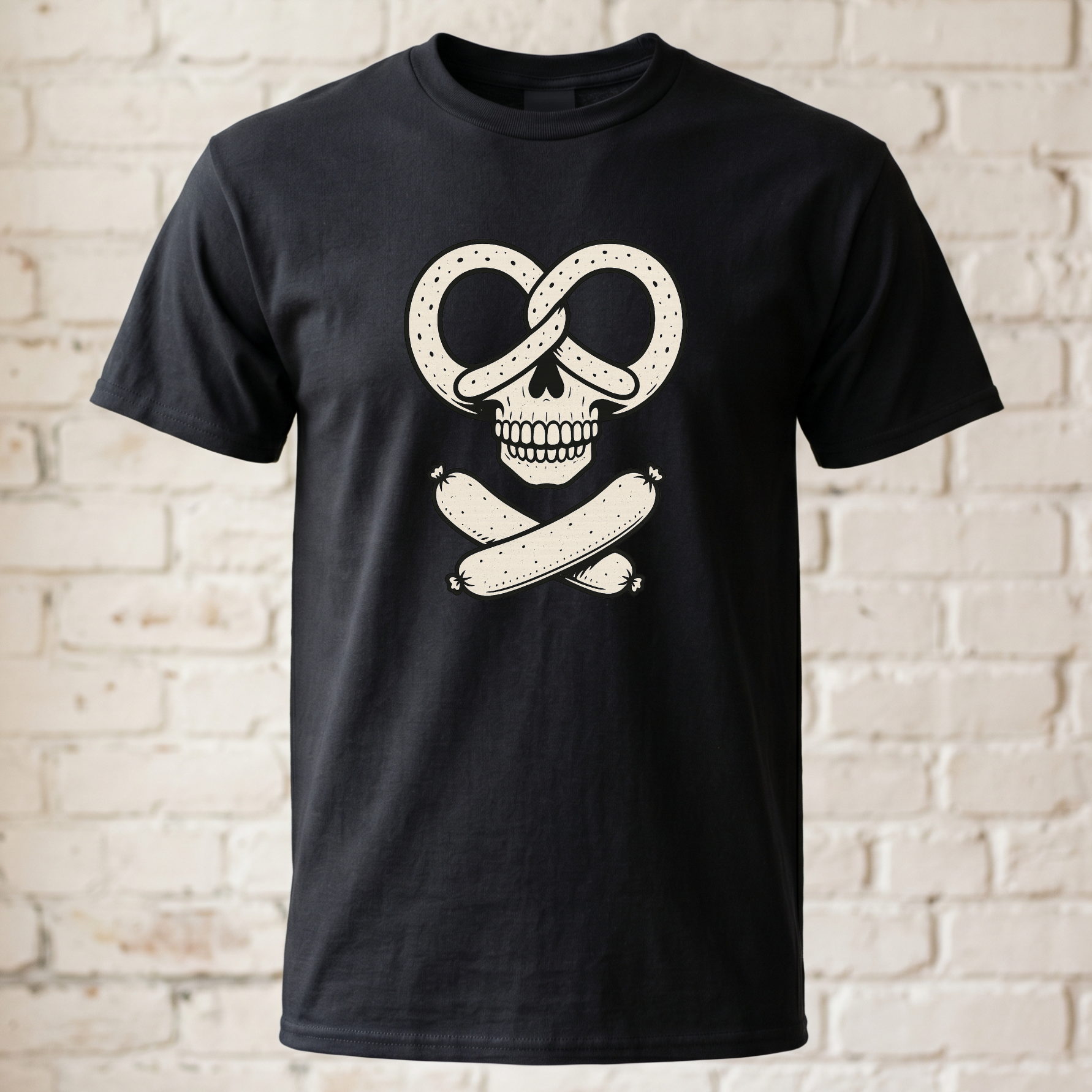 "Brezel Totenkopf & Wurst" Lustiges Bavarian Rocker T-Shirt – Cooles Oktoberfest & Biergarten Shirt – Trachten-Alternative
