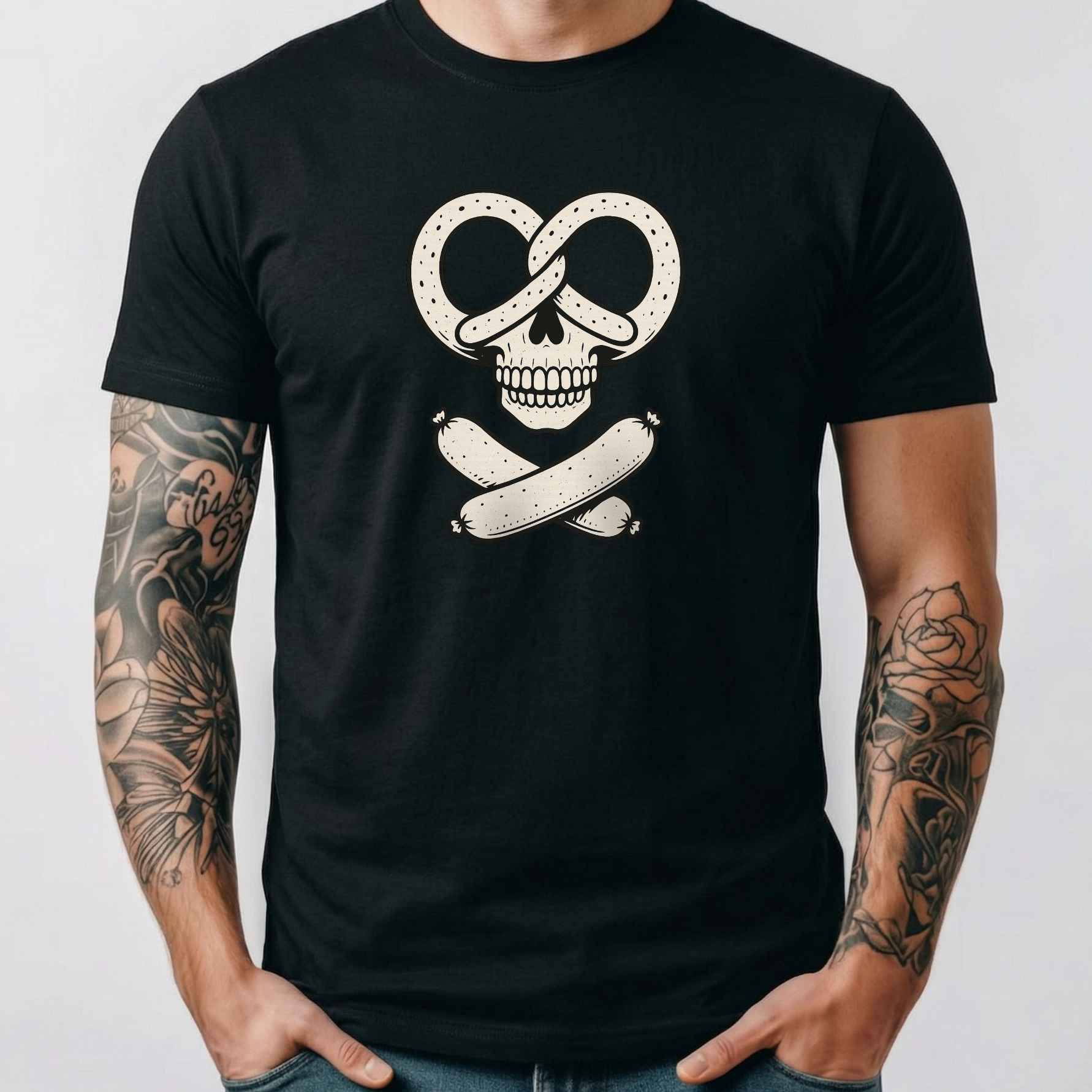 "Brezel Totenkopf & Wurst" Lustiges Bavarian Rocker T-Shirt – Cooles Oktoberfest & Biergarten Shirt – Trachten-Alternative