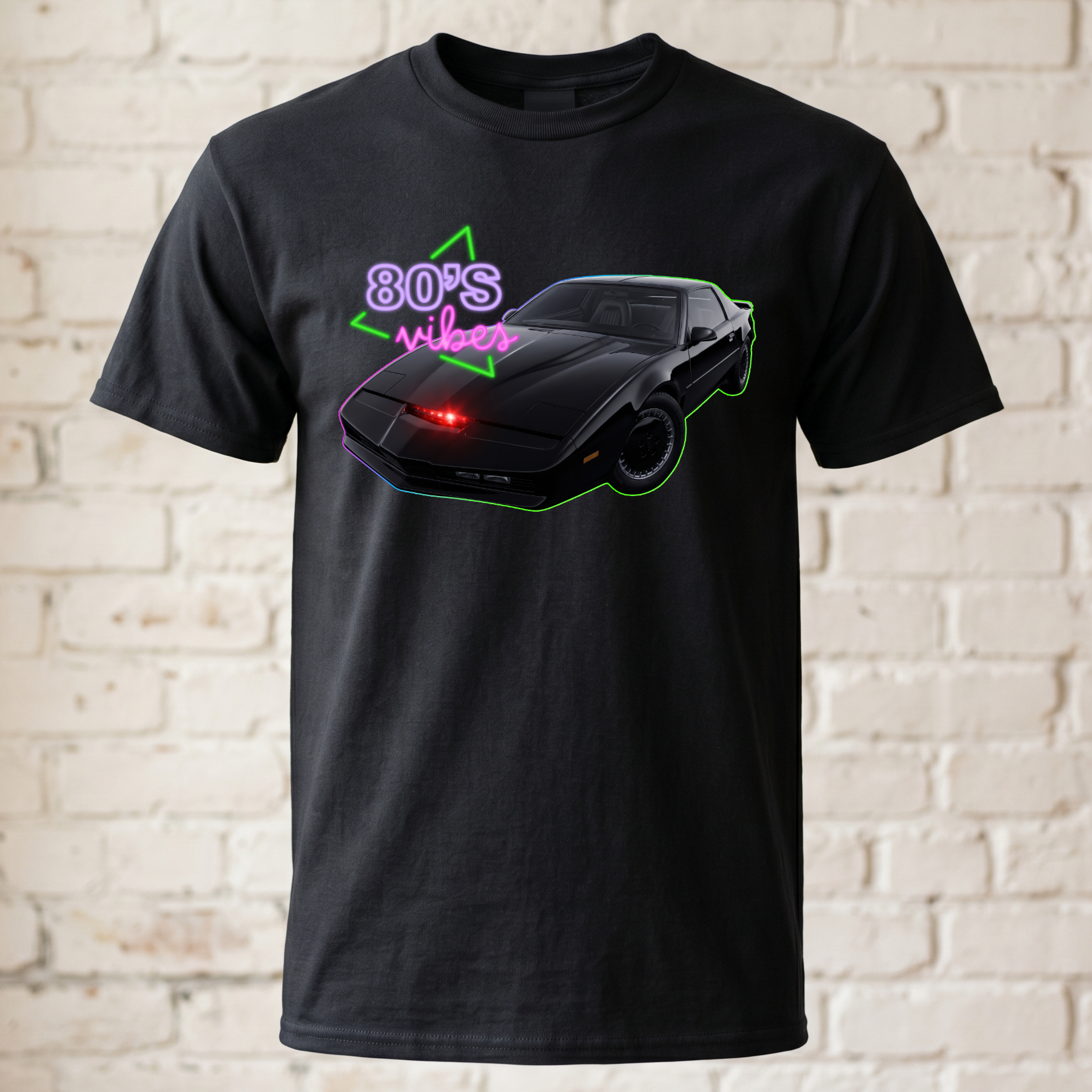 "80's Vibes" Retro Auto T-Shirt – Legendärer schwarzer Sportwagen im Neon-Print – Witziges Geschenk für 80er Jahre Fans & Autoliebhaber Schwarz