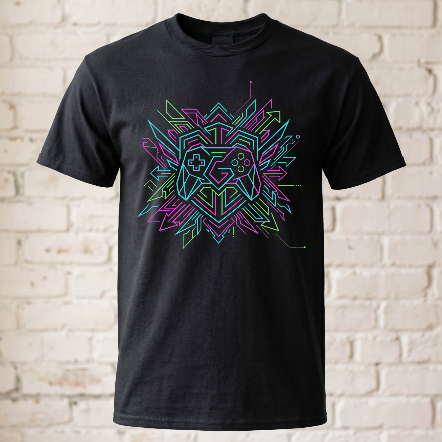Geometrisches "Neon Controller" Gaming T-Shirt – Cyberpunk Style Zocker Shirt – Geschenk für Gamer, Geeks & Nerds Schwarz