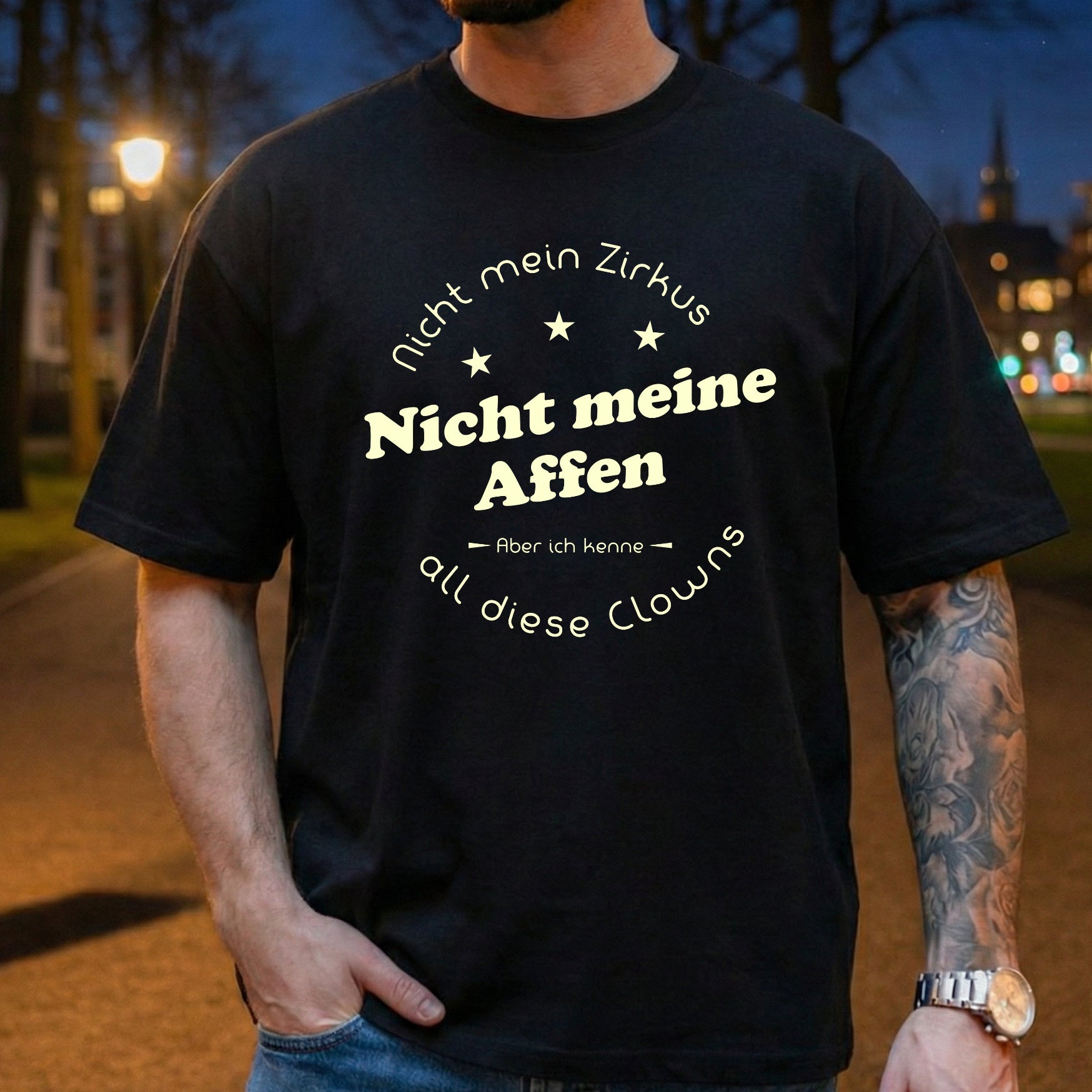 "Nicht mein Zirkus" Lustiges Spruch T-Shirt – Witziges Büro Humor Statement Shirt "Nicht meine Affen" für Kollegen – Schwarz