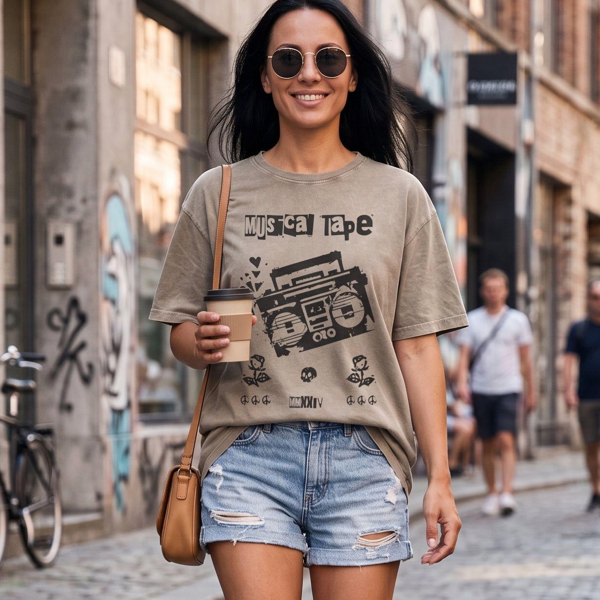 Musical Tape Retro Boombox Heavy Oversized T-Shirt | Y2K Grunge Streetwear Tee, 90s Hip Hop Ghetto Blaster, Vintage Acid Wash Asphalt