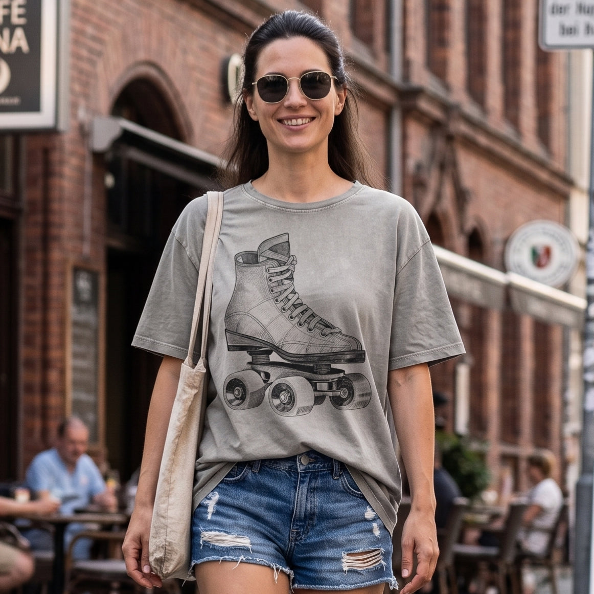 Vintage Roller Skate Heavy Oversized T-Shirt | Retro 70s Quad Skates Graphic Tee, Rollschuh Skater Girl Shirt Frau, Acid Wash Streetwear