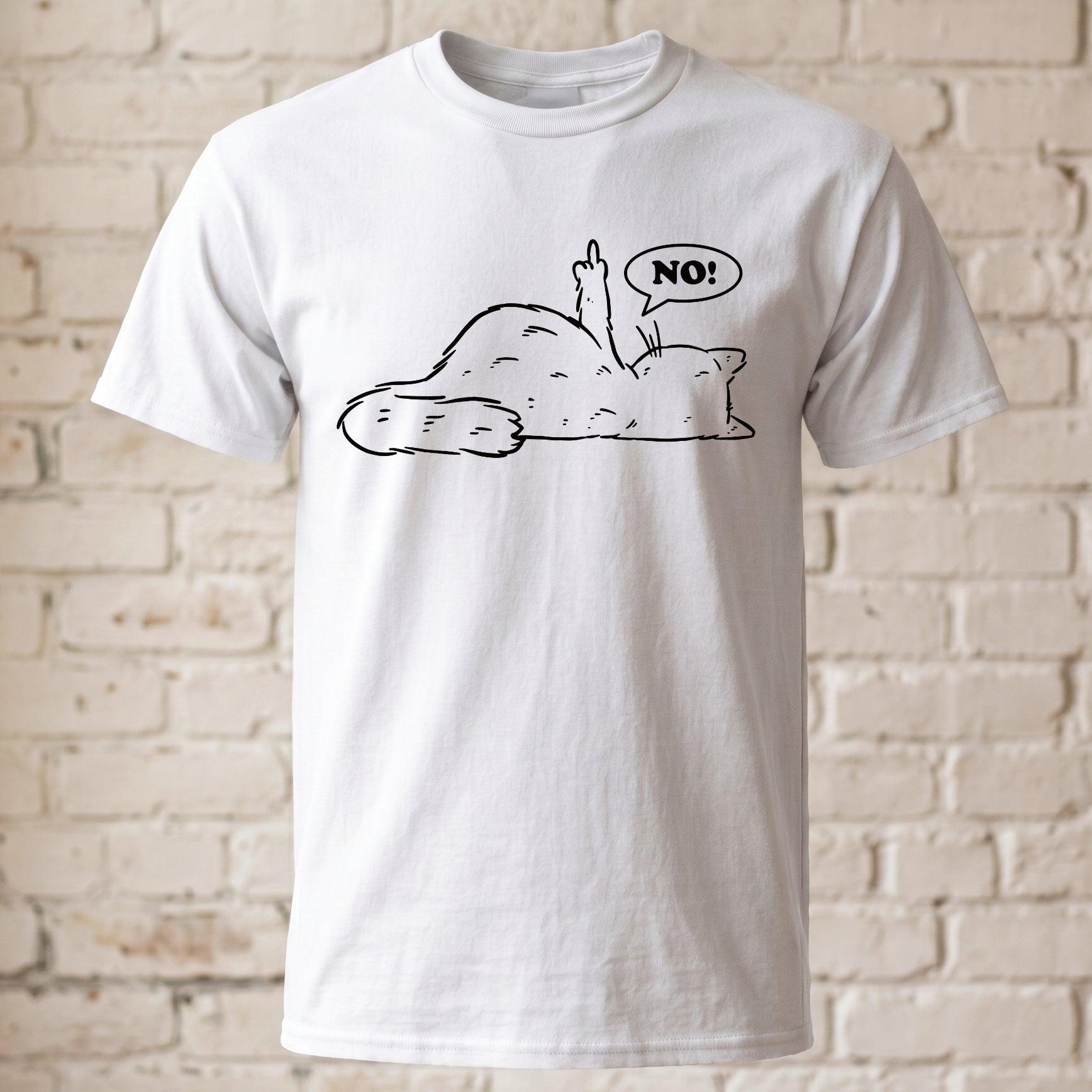 "Lazy Cat NO!" Lustiges T-Shirt mit Katze & Mittelfinger – Witziges Funshirt für Introvertierte & Katzenfans – Minimalistisches Grafikshirt Weiß