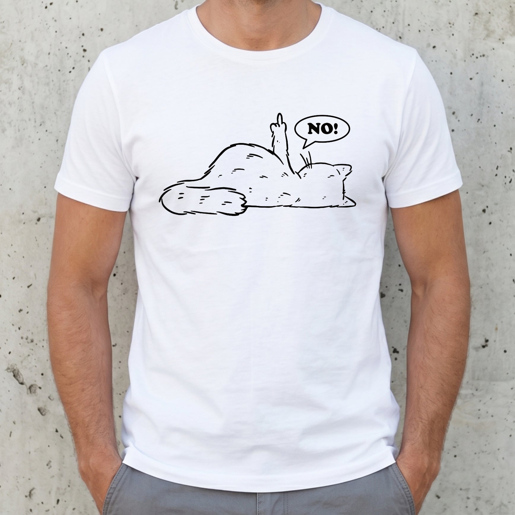 "Lazy Cat NO!" Lustiges T-Shirt mit Katze & Mittelfinger – Witziges Funshirt für Introvertierte & Katzenfans – Minimalistisches Grafikshirt Weiß
