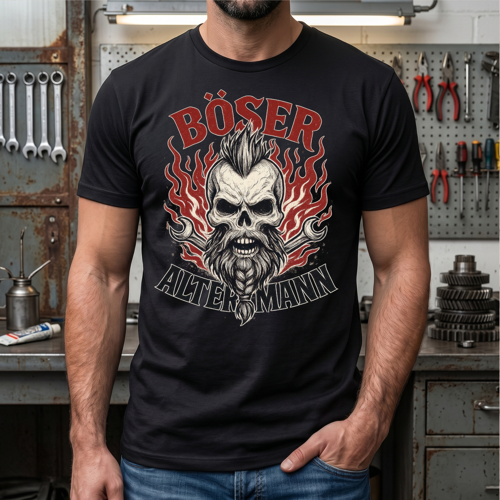 "Böser Alter Mann" T-Shirt mit Totenkopf & Schraubenschlüssel – Cooles Biker Rocker Geschenk für Männer, Papa & Opa – Schwarz