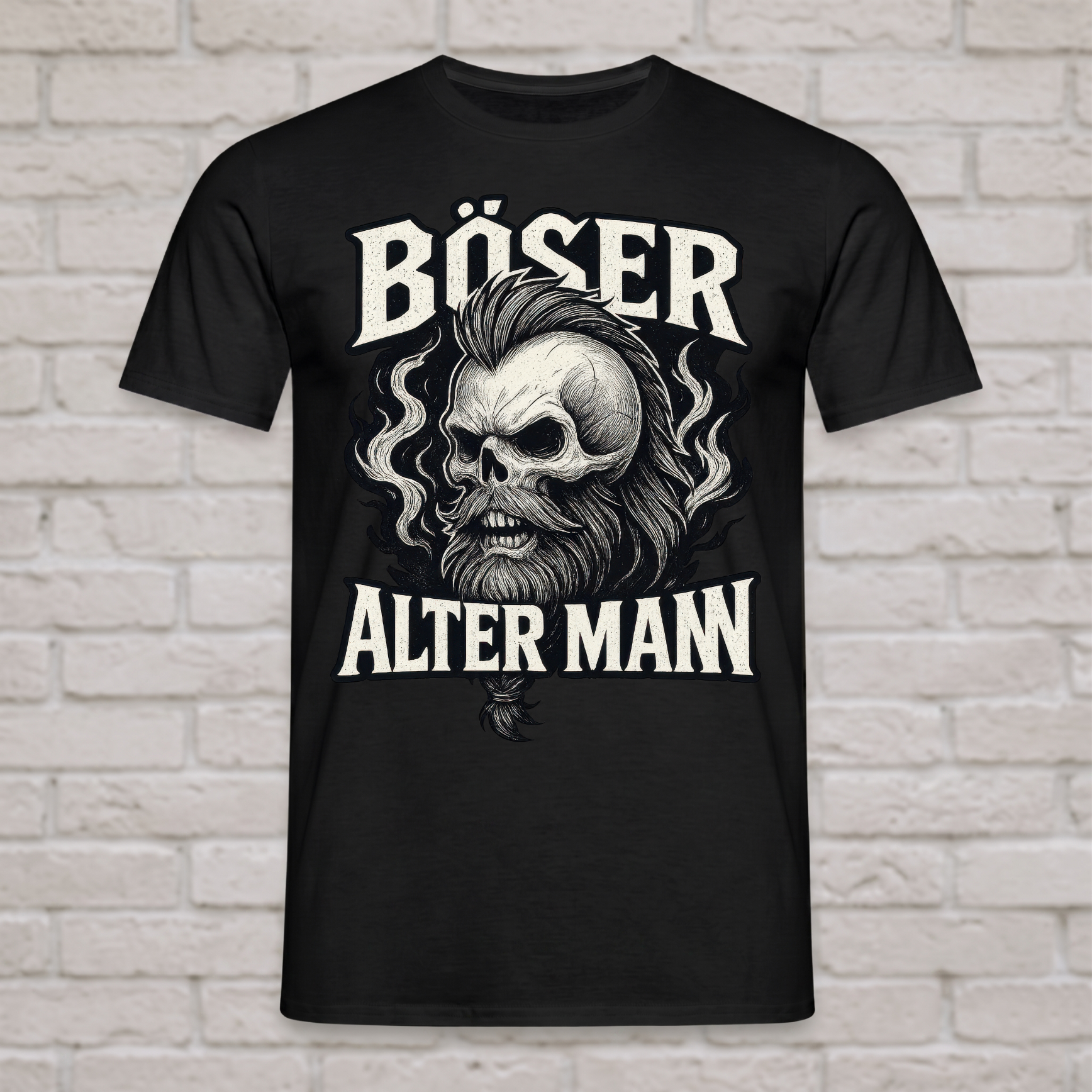 "Böser Alter Mann" T-Shirt mit Wikinger Totenkopf & Bart – Cooles Monochrom Biker Rocker Geschenk für Männer, Papa & Opa – Schwarz